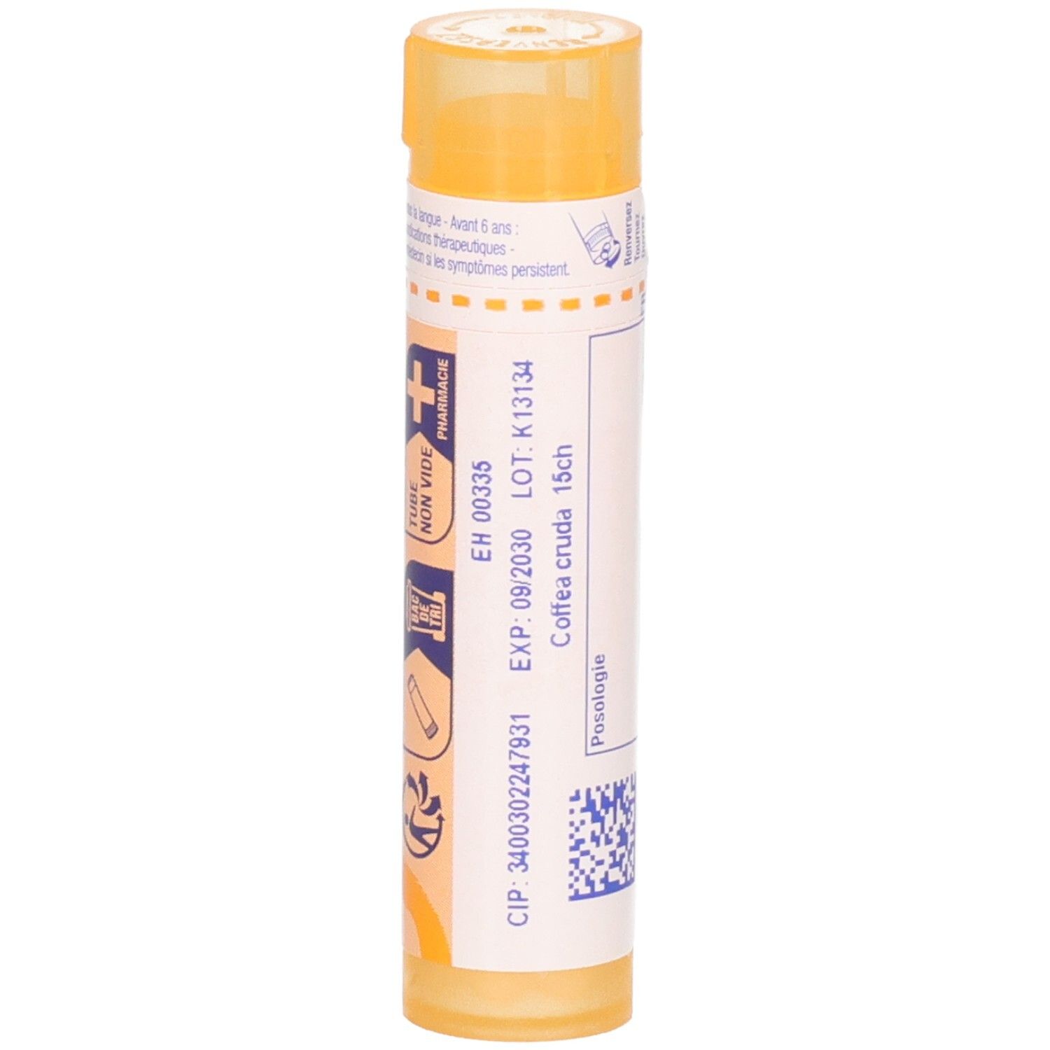 Tube de granules Boiron Coffea Cruda 15 ch. Indique le numéro de lot et la date d'expiration.