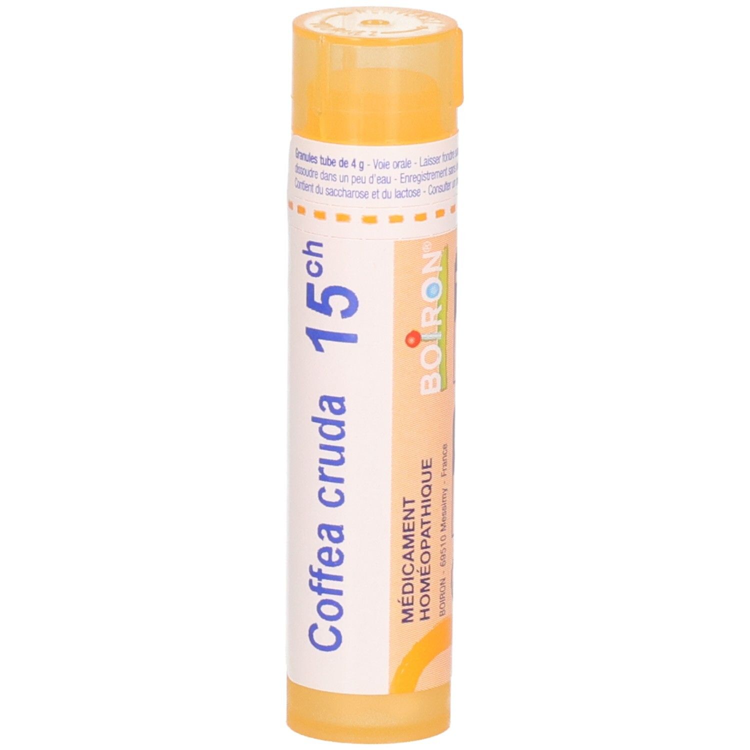 Tube de granules Boiron Coffea Cruda 15 ch. Avec logo Boiron et 'Médicament Homéopathique'.