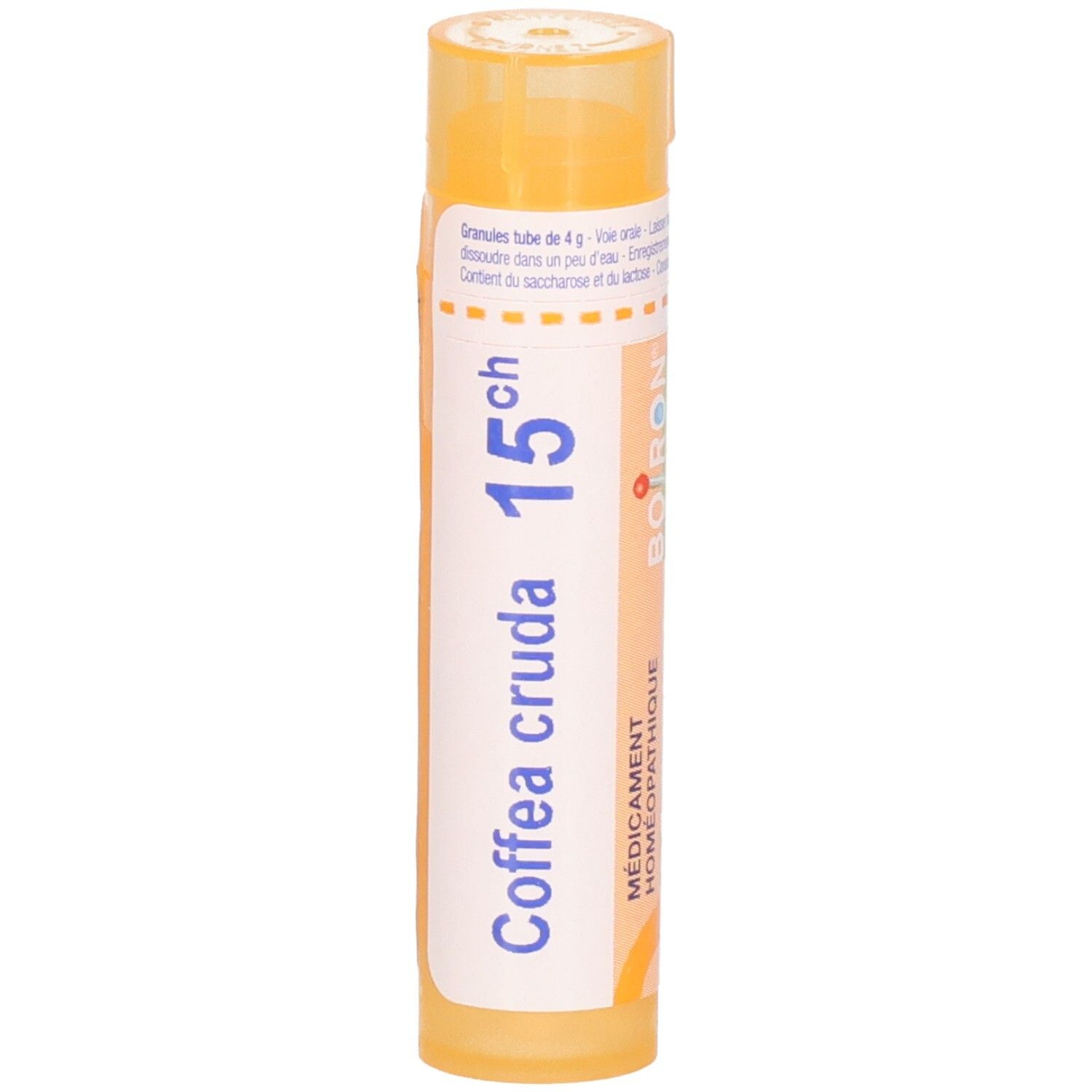 Tube de granules Boiron Coffea Cruda 15 ch. Avec logo Boiron et 'Médicament Homéopathique'.