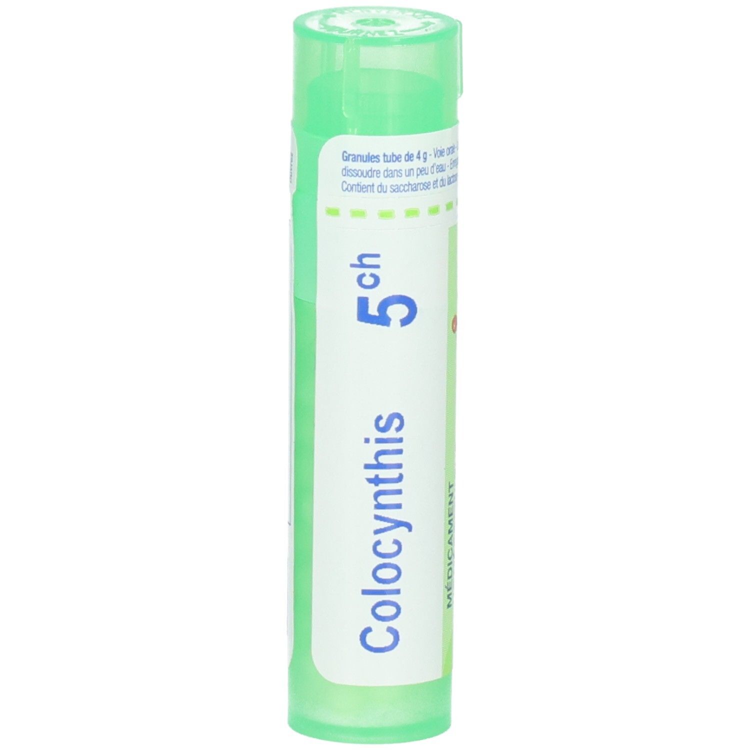 Tube vert de granules, étiquette "Colocynthis 5ch" et "Boiron".