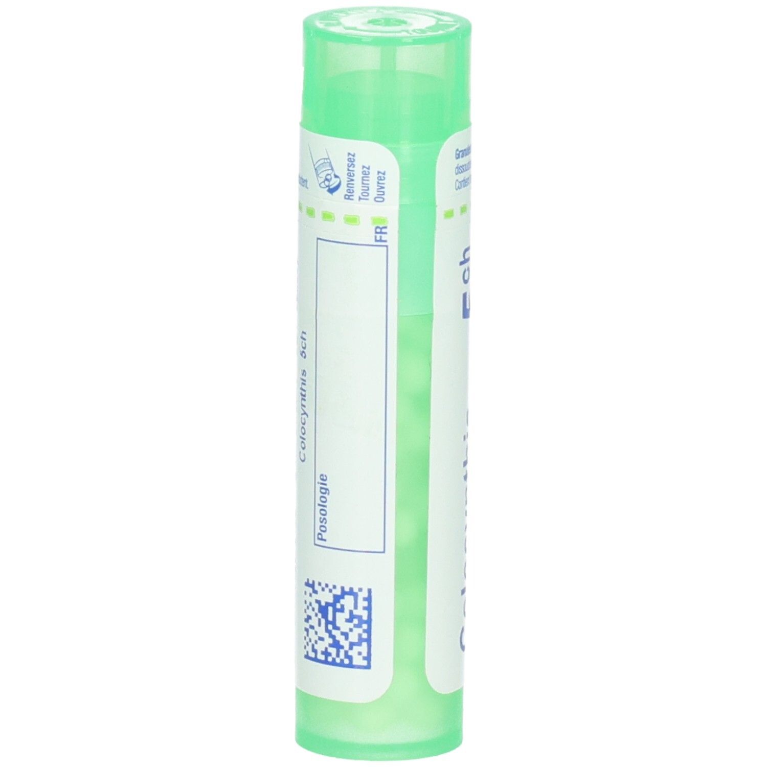 Tube vert de granules, verso avec étiquette et code-barres.