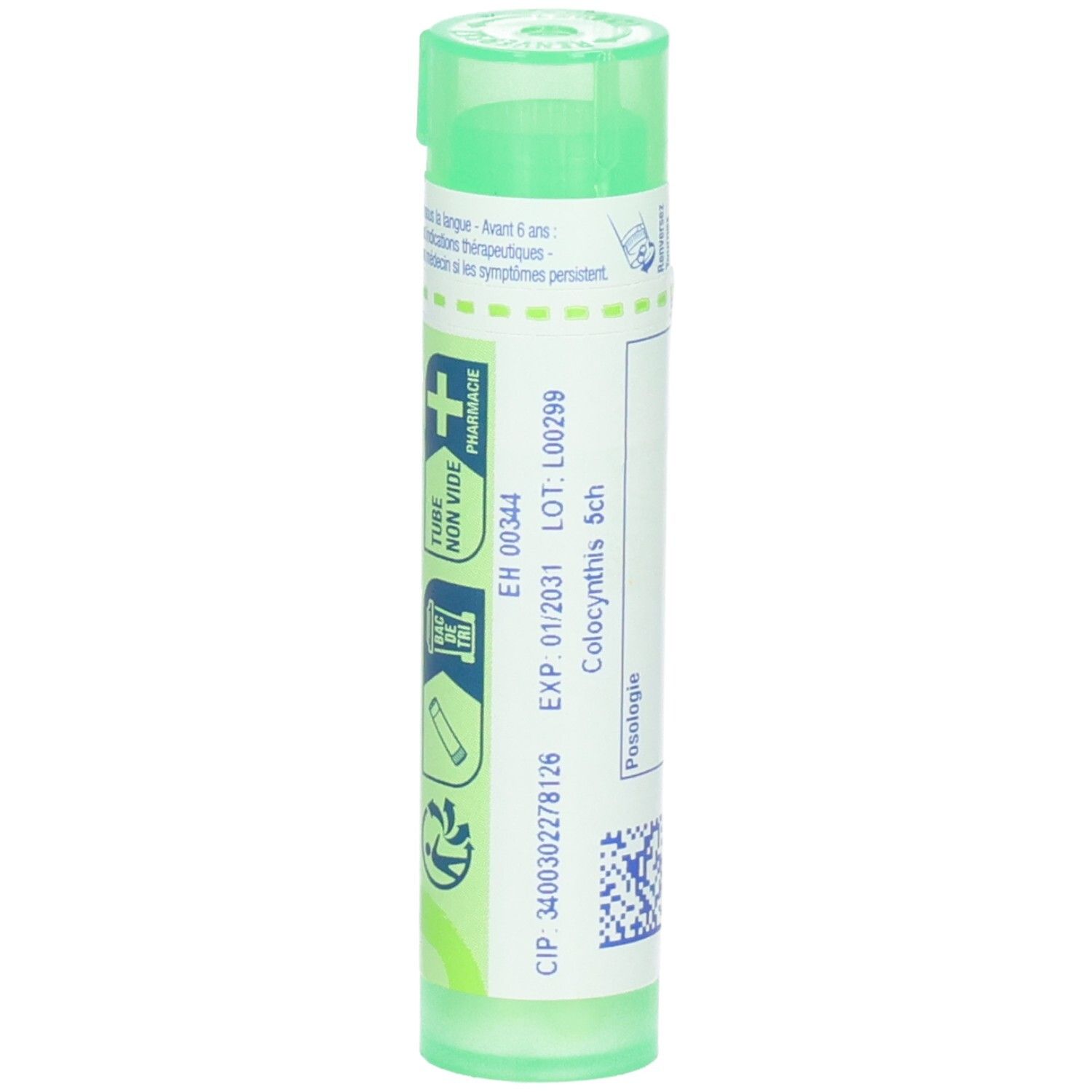 Tube vert de granules, étiquette avec "Boiron", "Colocynthis 5ch" et date d'expiration.
