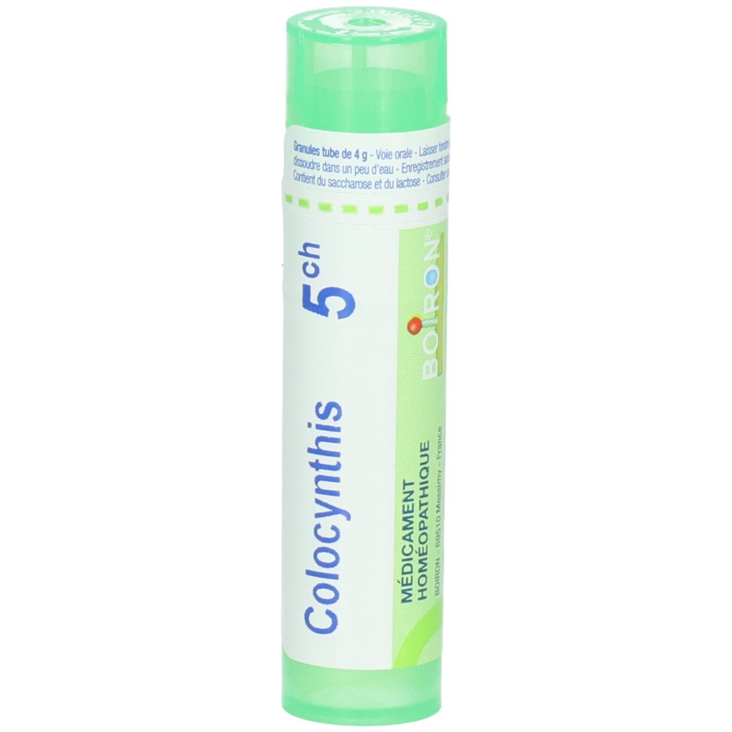 Tube vert de granules, étiquette "Boiron", "Colocynthis 5ch" et "Médicament Homéopathique".