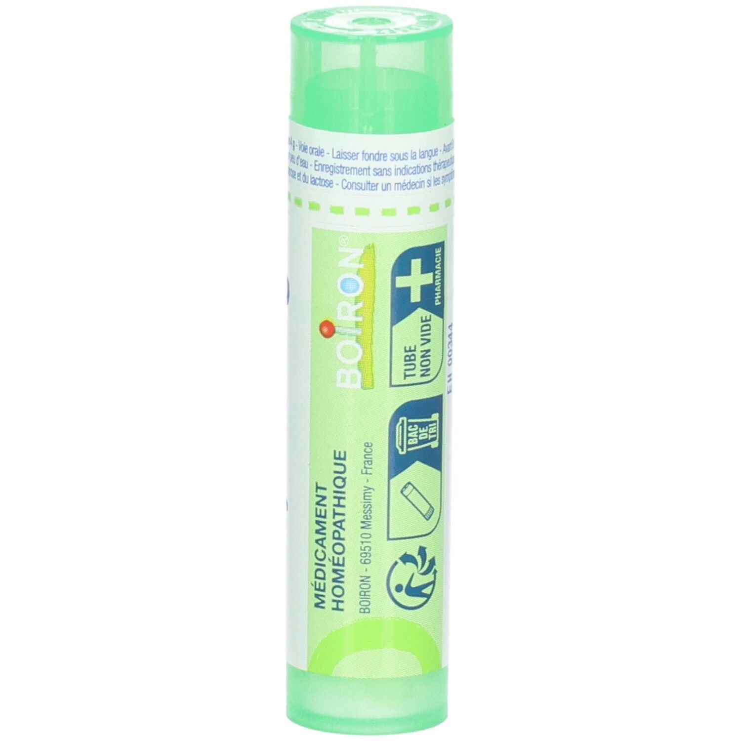 Tube vert de granules, étiquette "Boiron", "Médicament Homéopathique" et symbole de pharmacie.