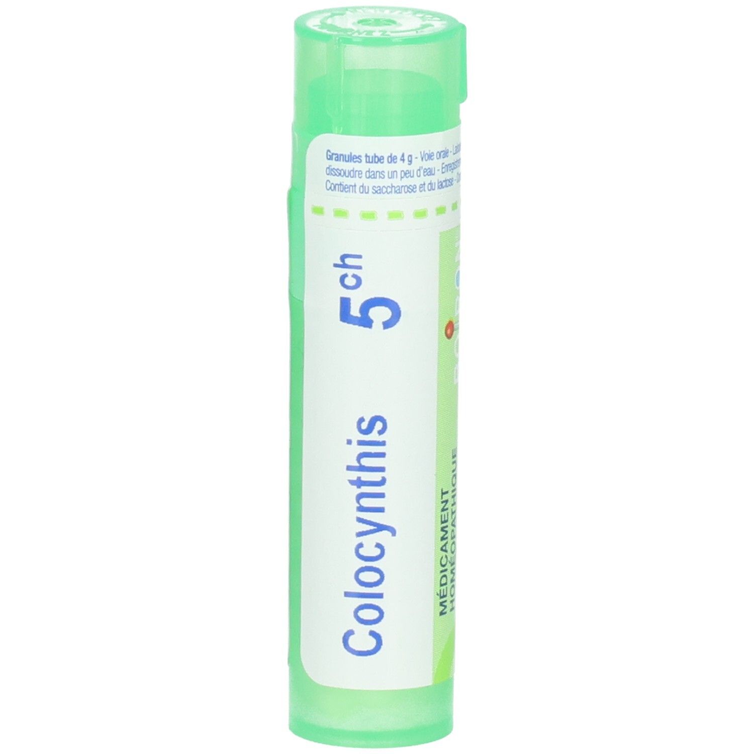 Tube vert de granules, étiquette "Colocynthis 5ch" et "Boiron".