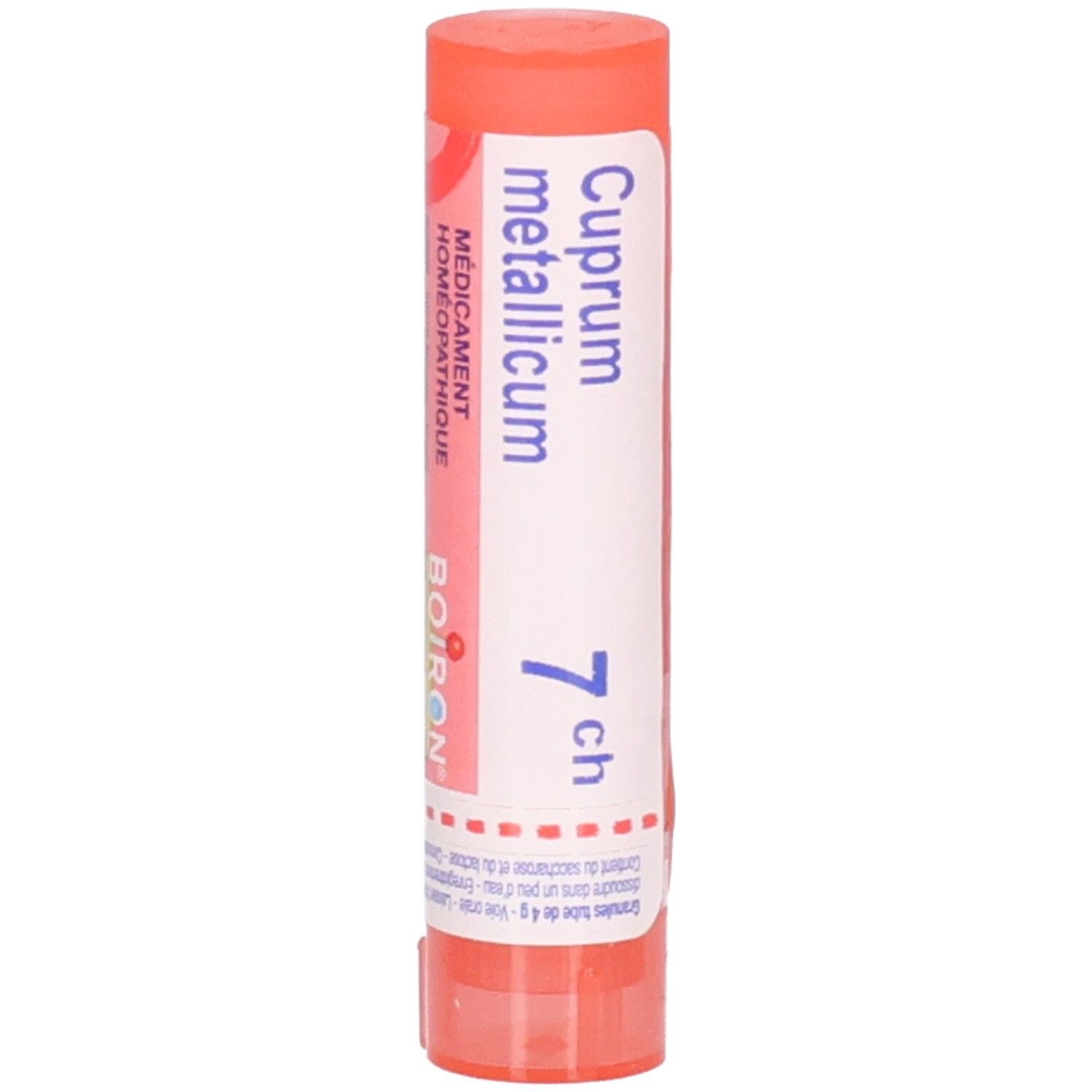 Tube cylindrique orange avec étiquette blanche. Inscription: Cuprum metallicum 7 ch, Boiron.