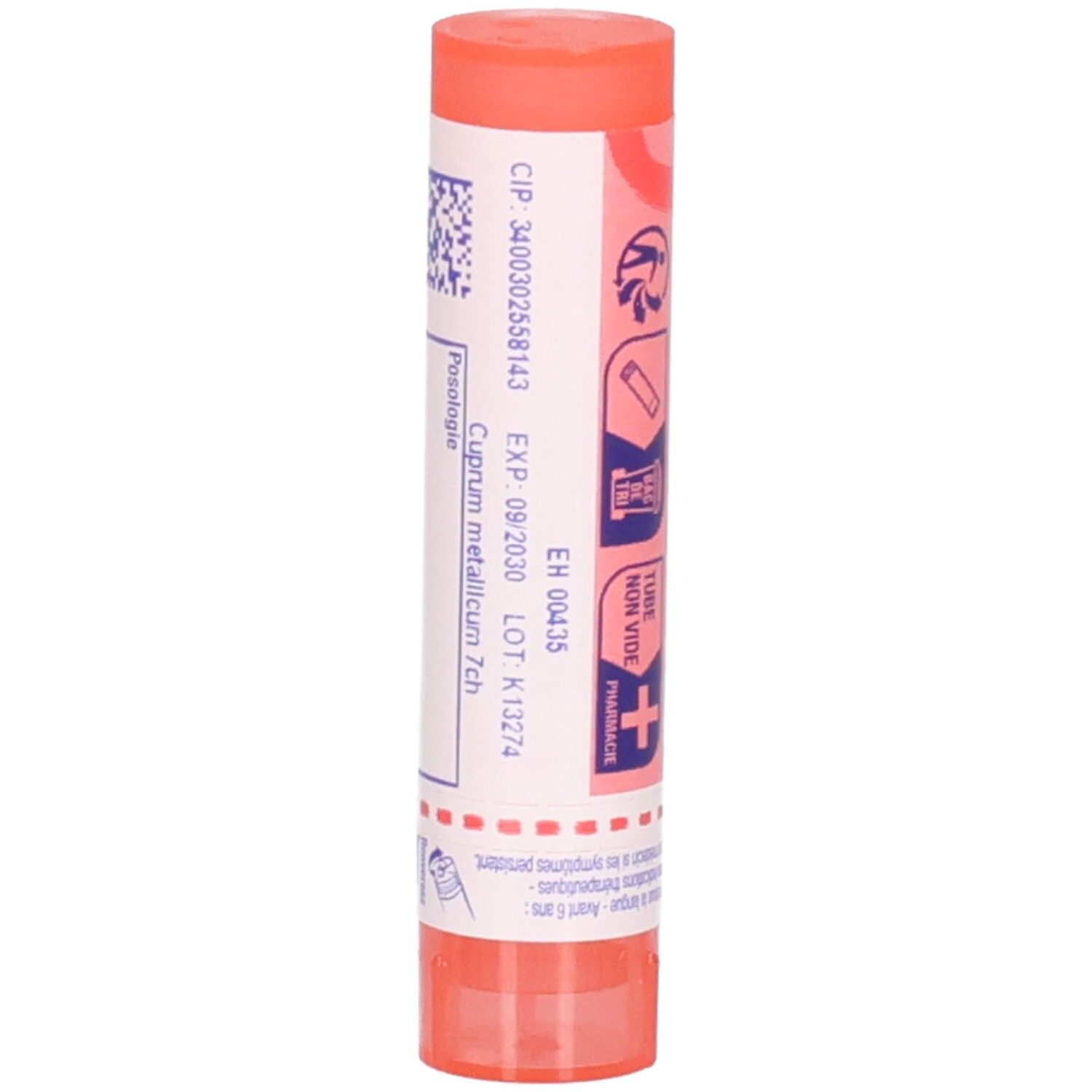 Tube orange avec étiquette blanche. Inscription: Cuprum metallicum 7 ch, code CIP, date de péremption, code EH.