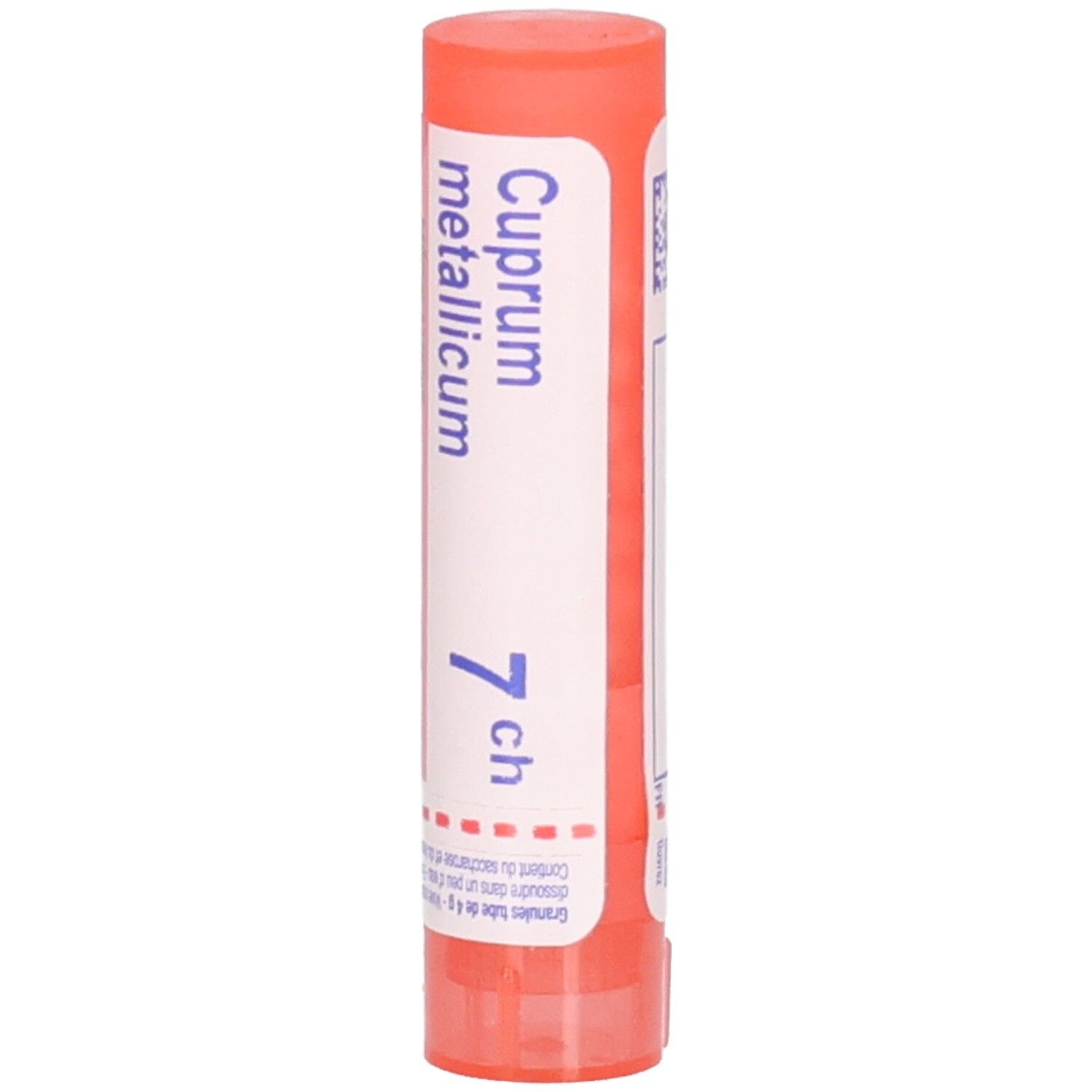 Tube cylindrique orange avec étiquette blanche. Inscription: Cuprum metallicum 7 ch.