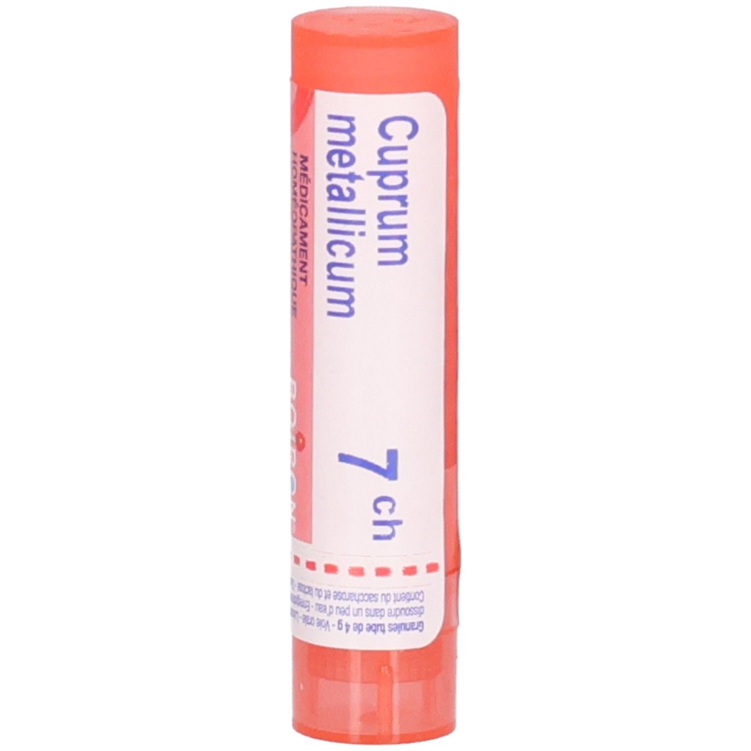Tube cylindrique orange avec étiquette blanche. Inscription: Cuprum metallicum 7 ch.