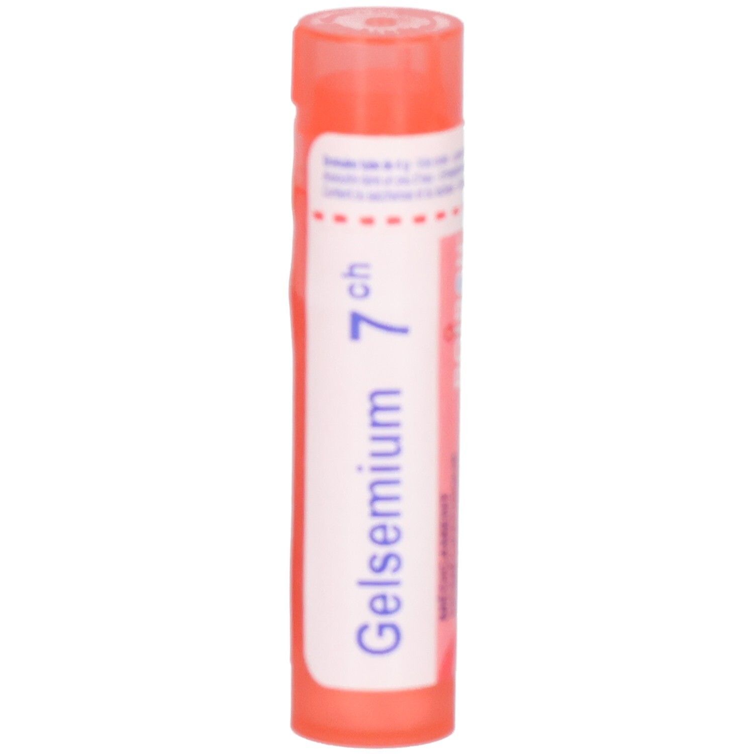 Tube orange avec étiquette blanche, Gelsemium 7 ch.