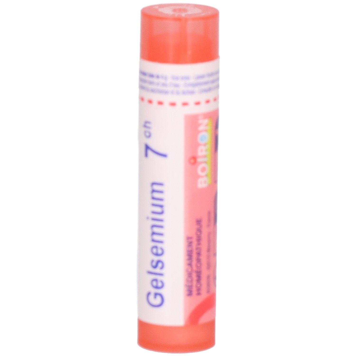 Tube orange avec étiquette blanche, Gelsemium 7 ch, Boiron.