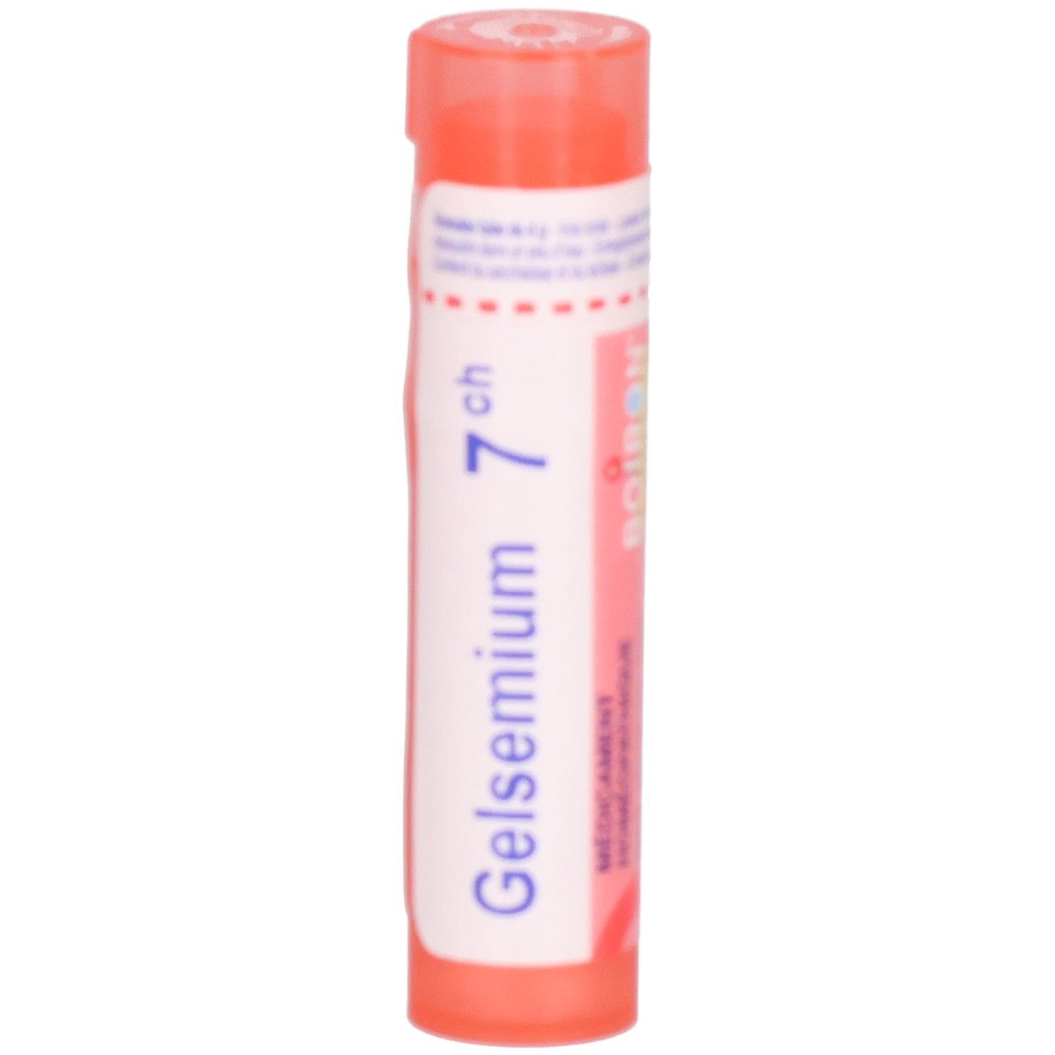 Tube orange avec étiquette blanche, Gelsemium 7 ch, Boiron.