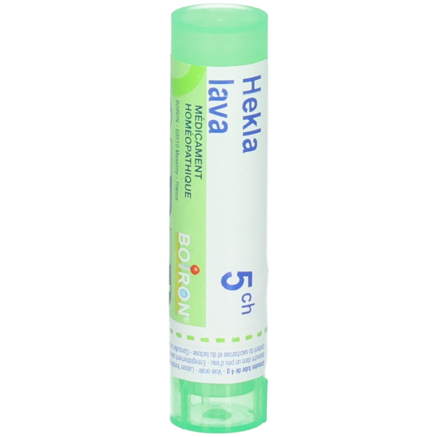 Boiron Hekla Lava 5 ch : Tube vert avec étiquette blanche, nom du produit et puissance.