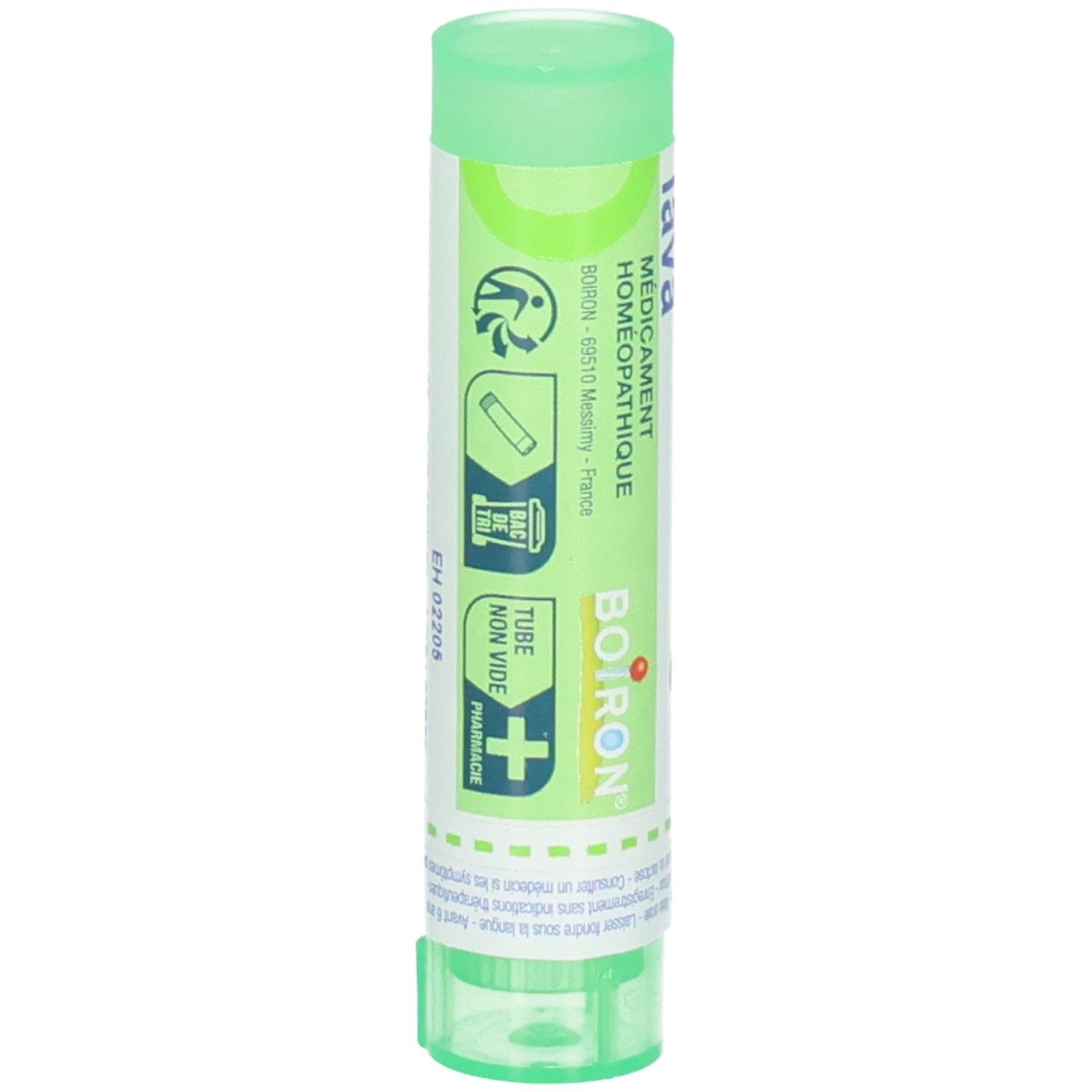 Boiron Hekla Lava 5 ch : Tube vert avec étiquette blanche, symboles d'application et logo Boiron.