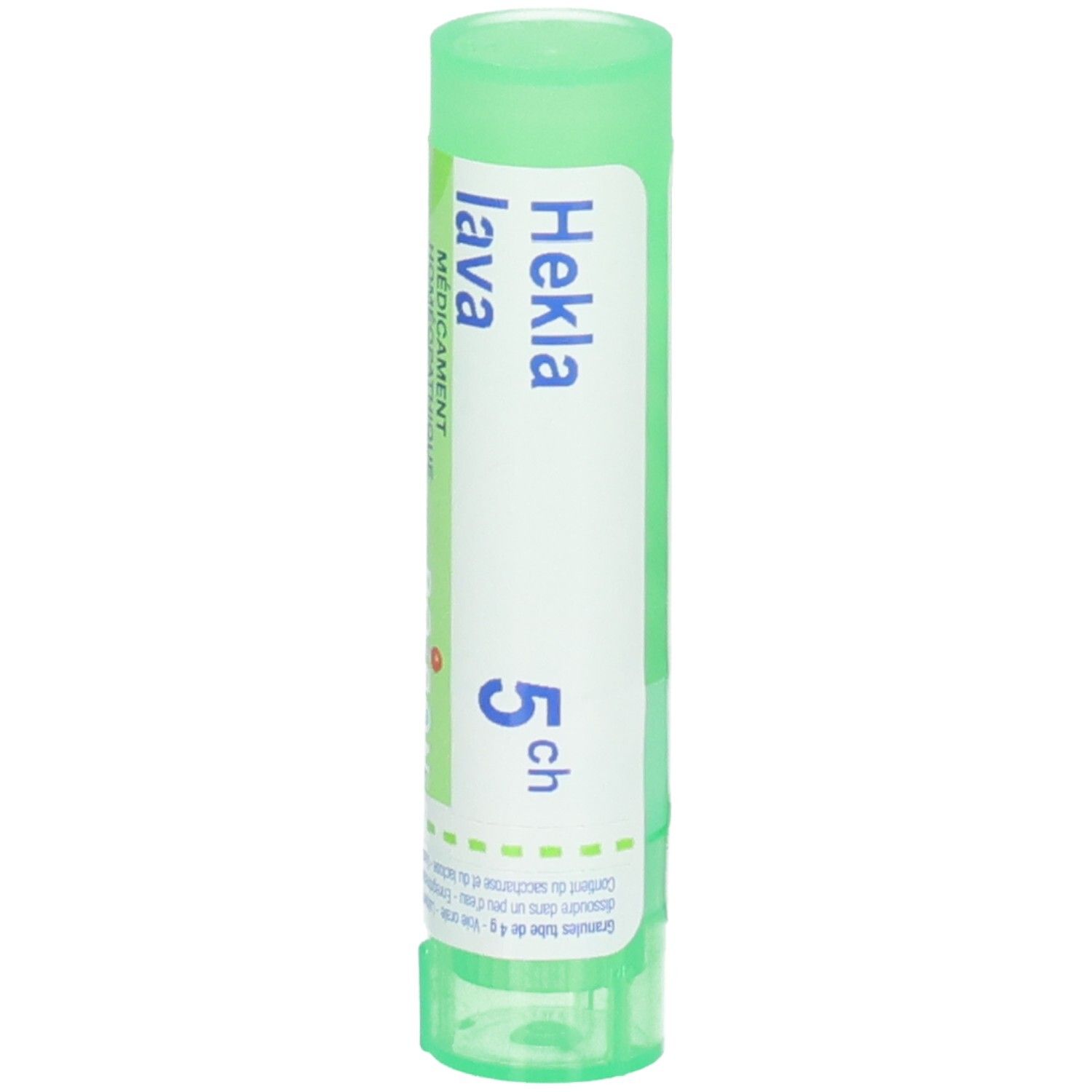 Boiron Hekla Lava 5 ch : Tube vert avec étiquette blanche, nom du produit et puissance.
