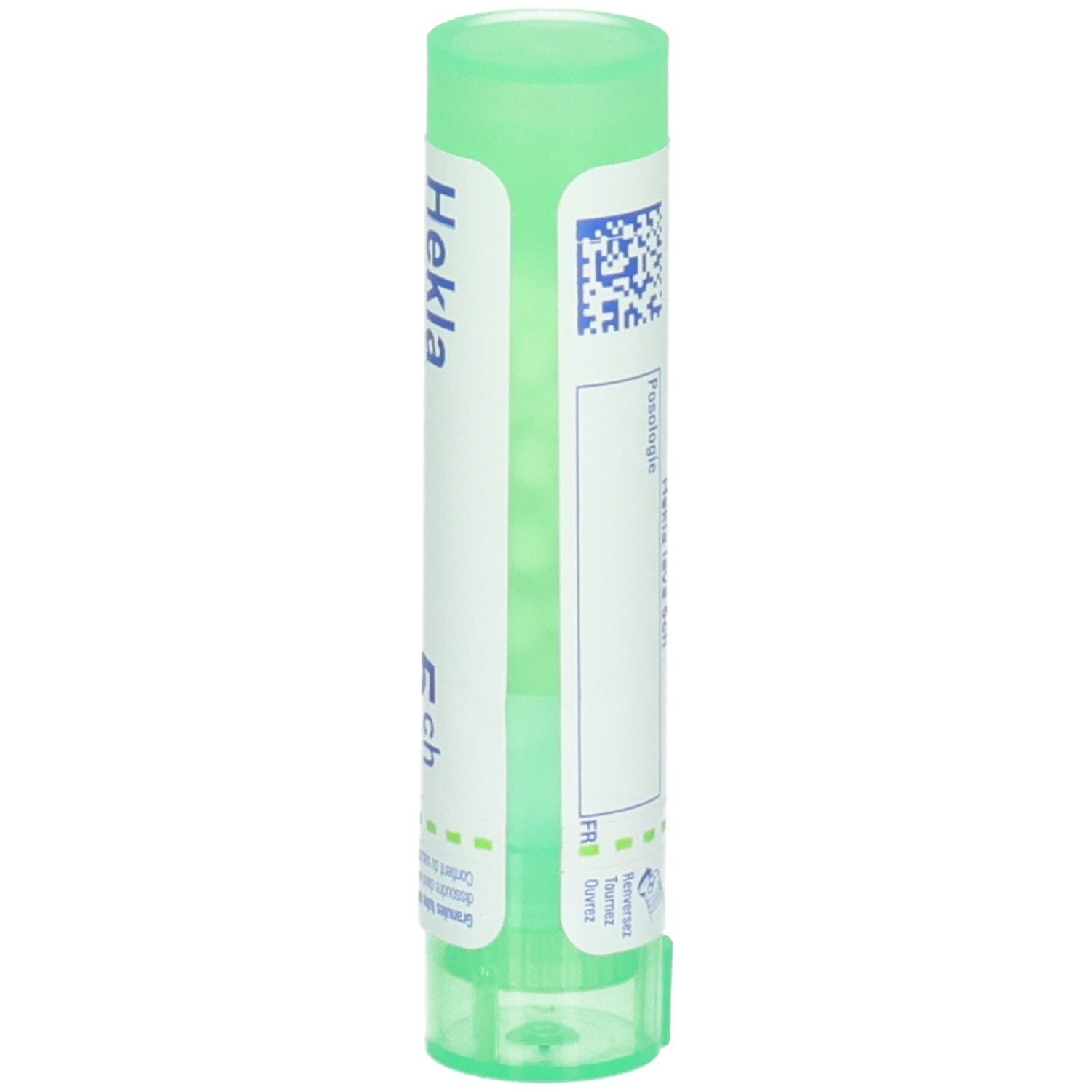Boiron Hekla Lava 5 ch : Tube vert avec étiquette blanche, code QR et informations produit.