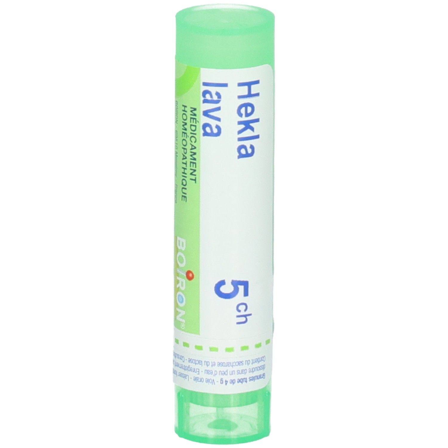 Boiron Hekla Lava 5 ch : Tube vert avec étiquette blanche, nom du produit et puissance.