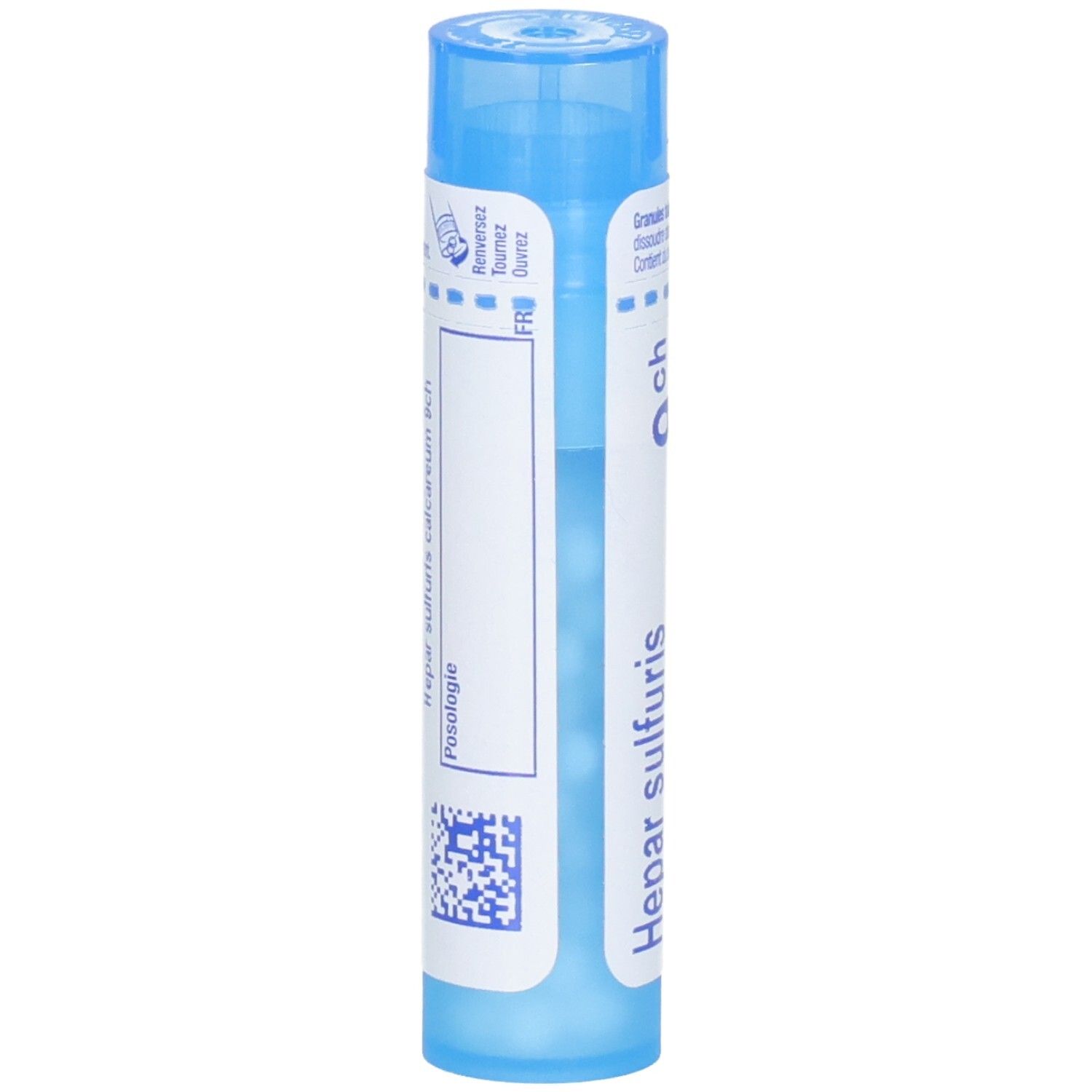 Tube de granules Boiron Hepar Sulfuris Calcareum 9 ch, verso avec texte.