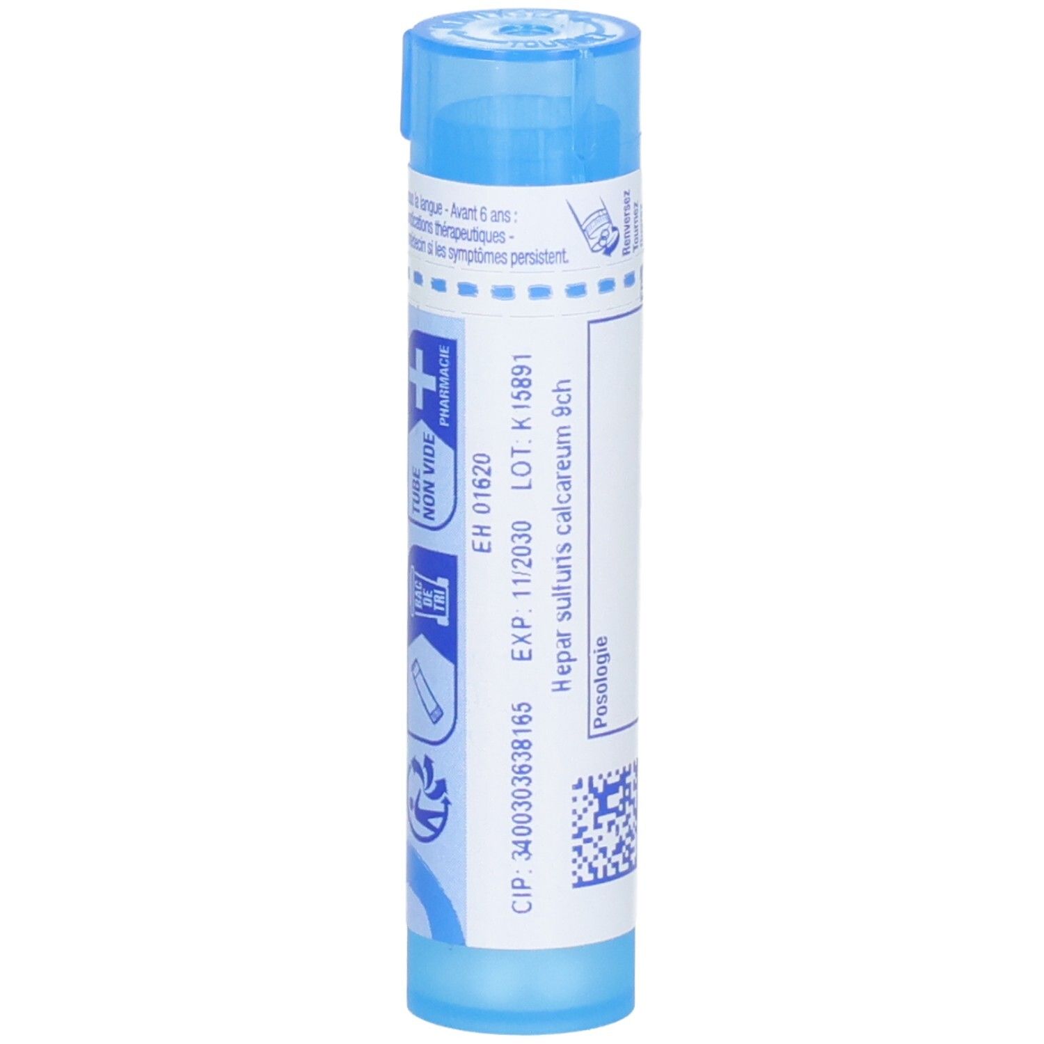 Tube de granules Boiron Hepar Sulfuris Calcareum 9 ch, verso avec détails.