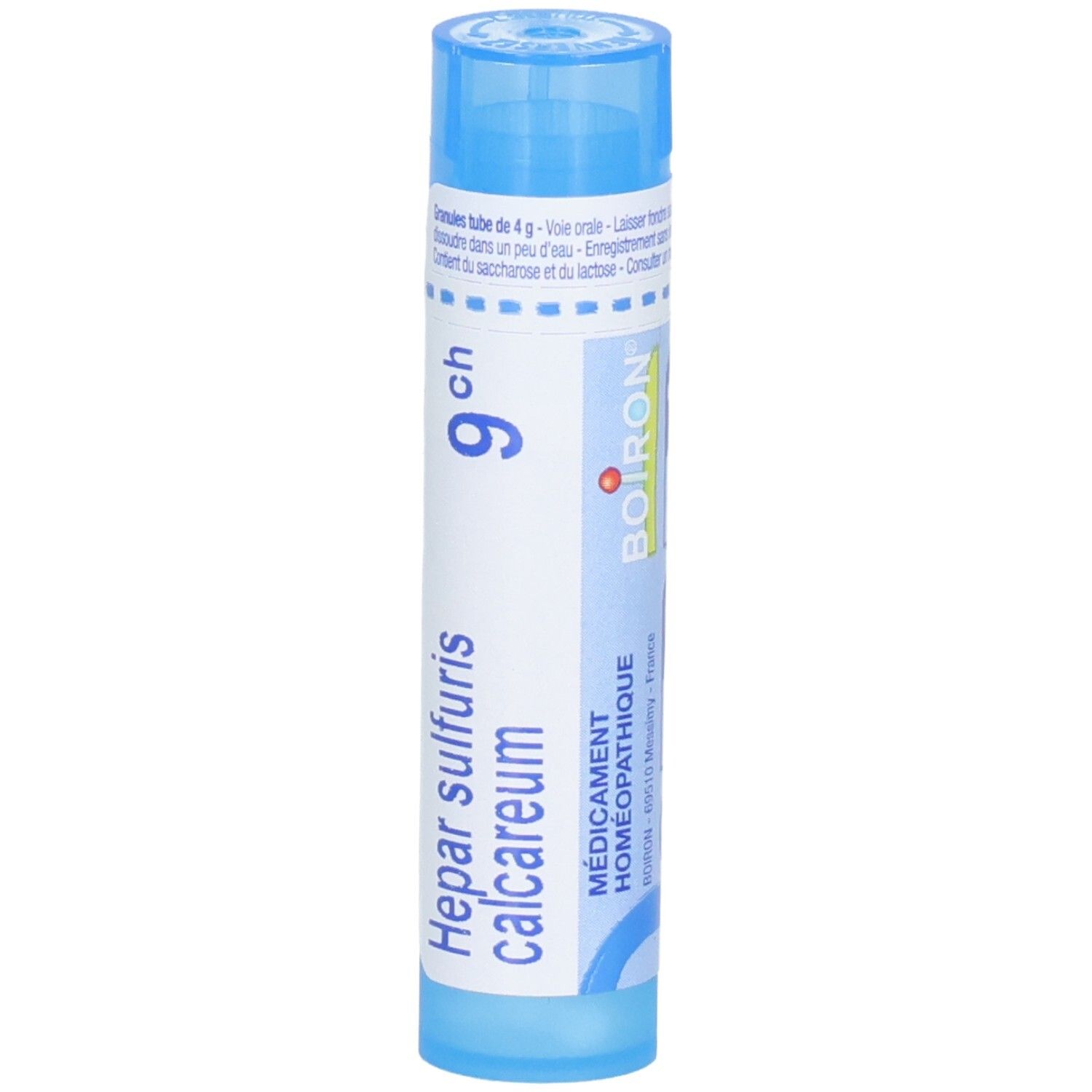 Tube de granules Boiron Hepar Sulfuris Calcareum 9 ch, avec logo Boiron.