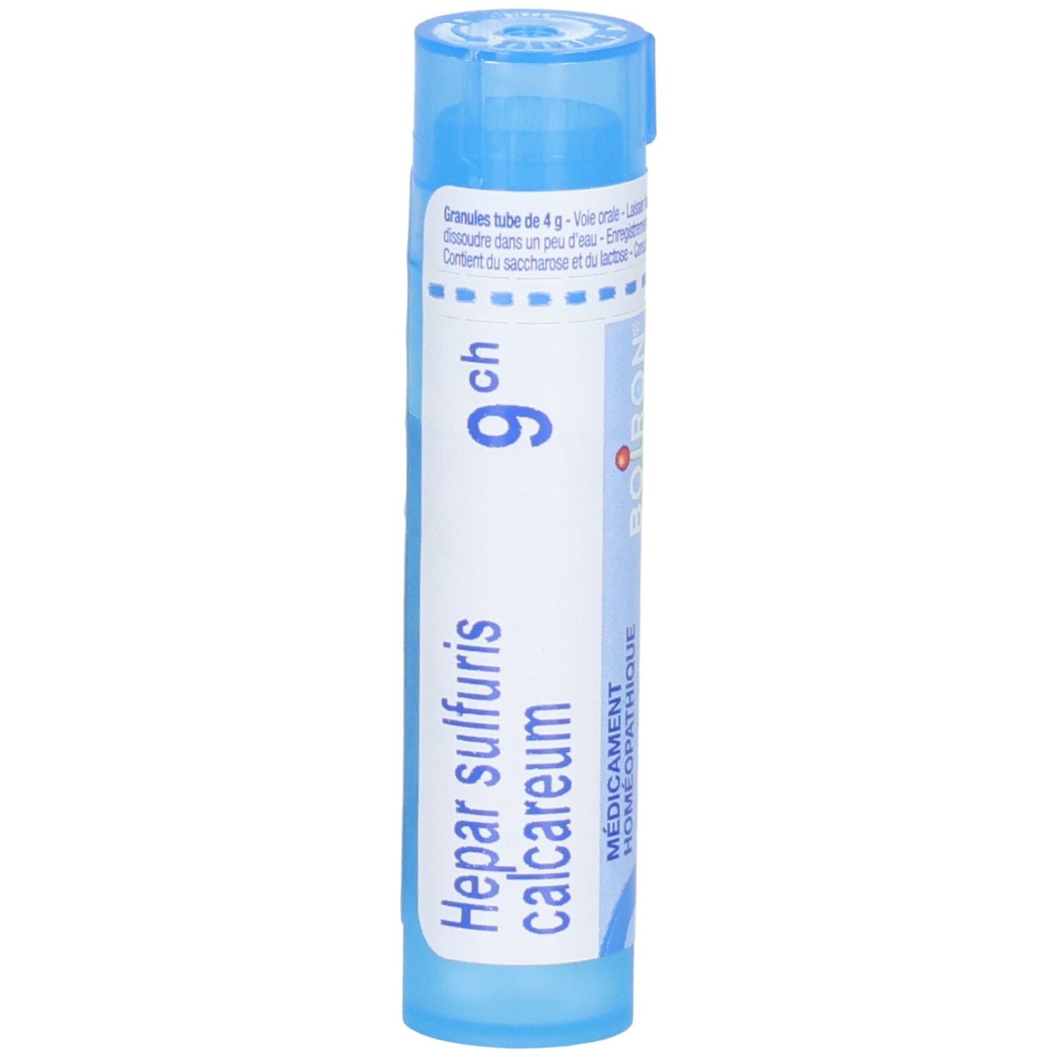 Tube de granules Boiron Hepar Sulfuris Calcareum 9 ch, bleu, avec texte.