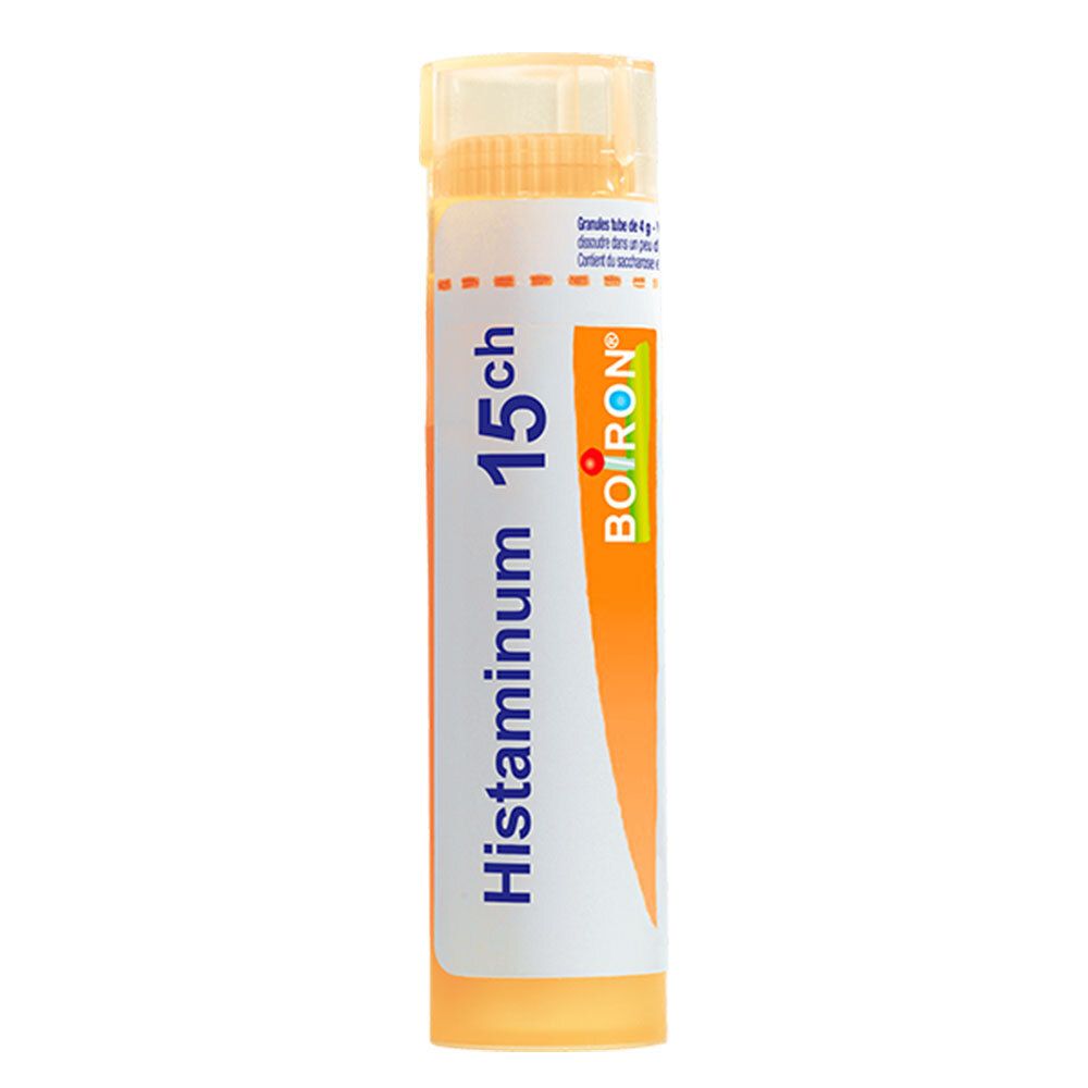 Tube de granules Boiron Histaminum 15 ch avec bouchon et étiquette orange.