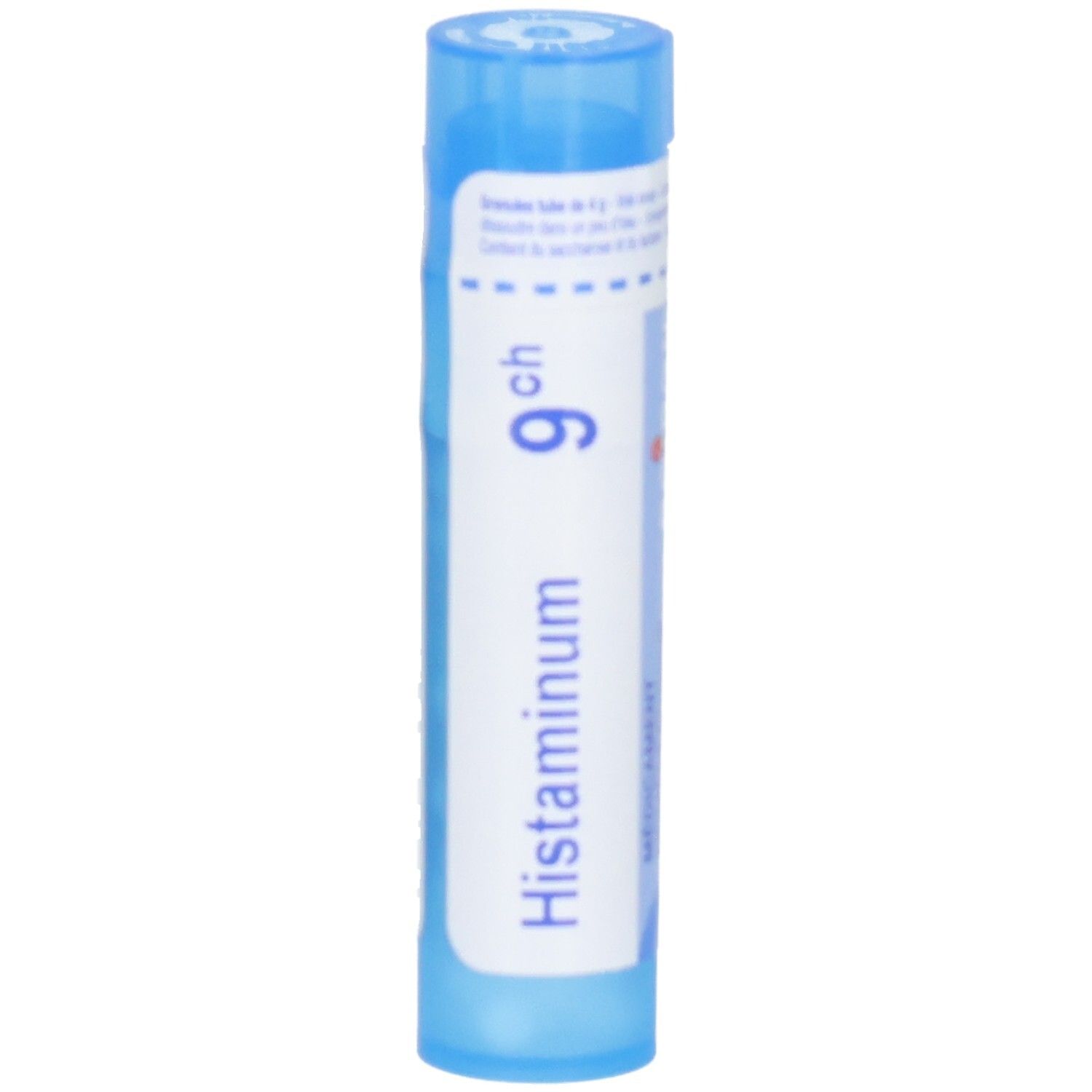 Boiron Histaminum 9 ch, tube bleu avec étiquette, montre des globules.