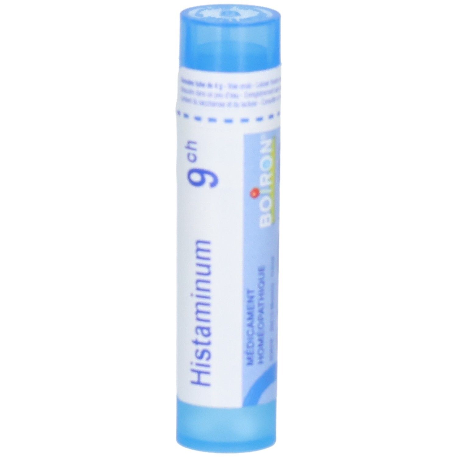 Boiron Histaminum 9 ch, tube bleu avec étiquette, montre des globules et le logo Boiron.