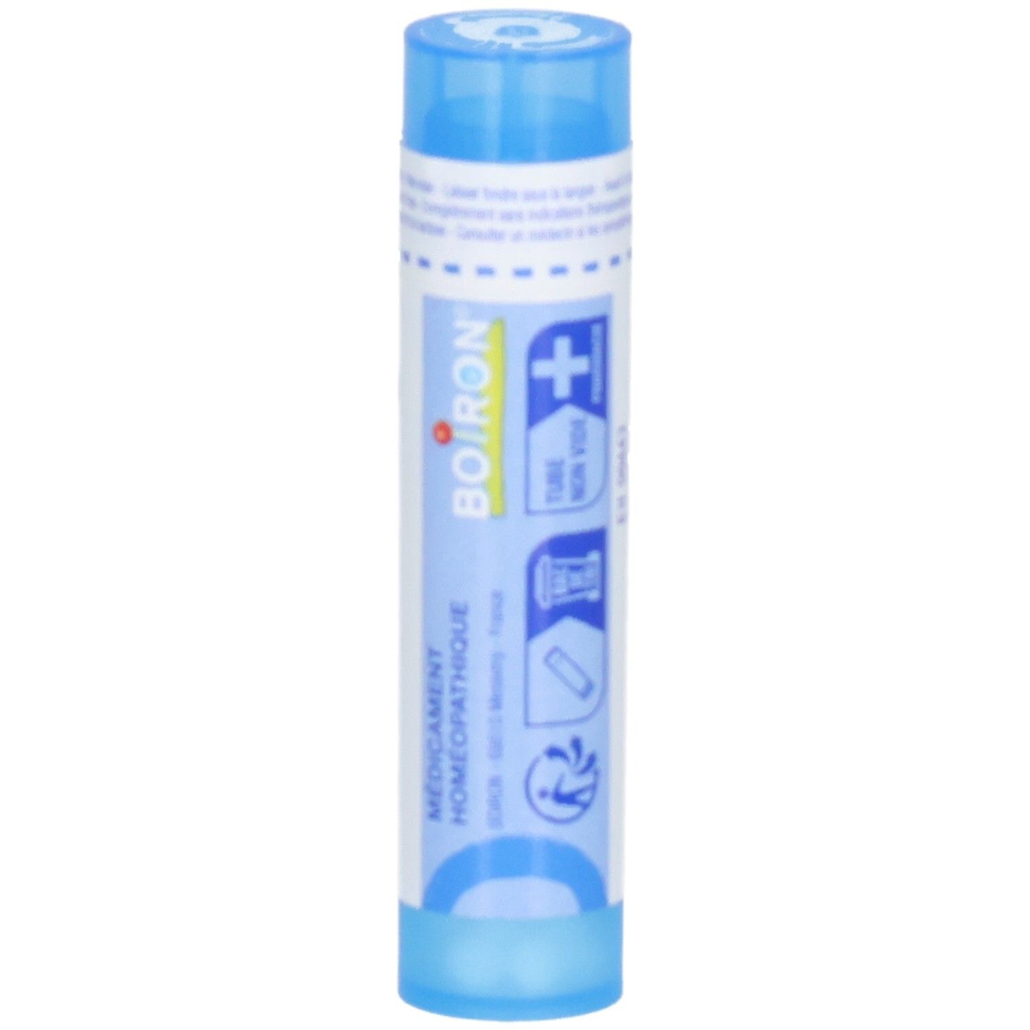 Boiron Histaminum 9 ch, tube bleu avec étiquette, montre des globules et des symboles homéopathiques.
