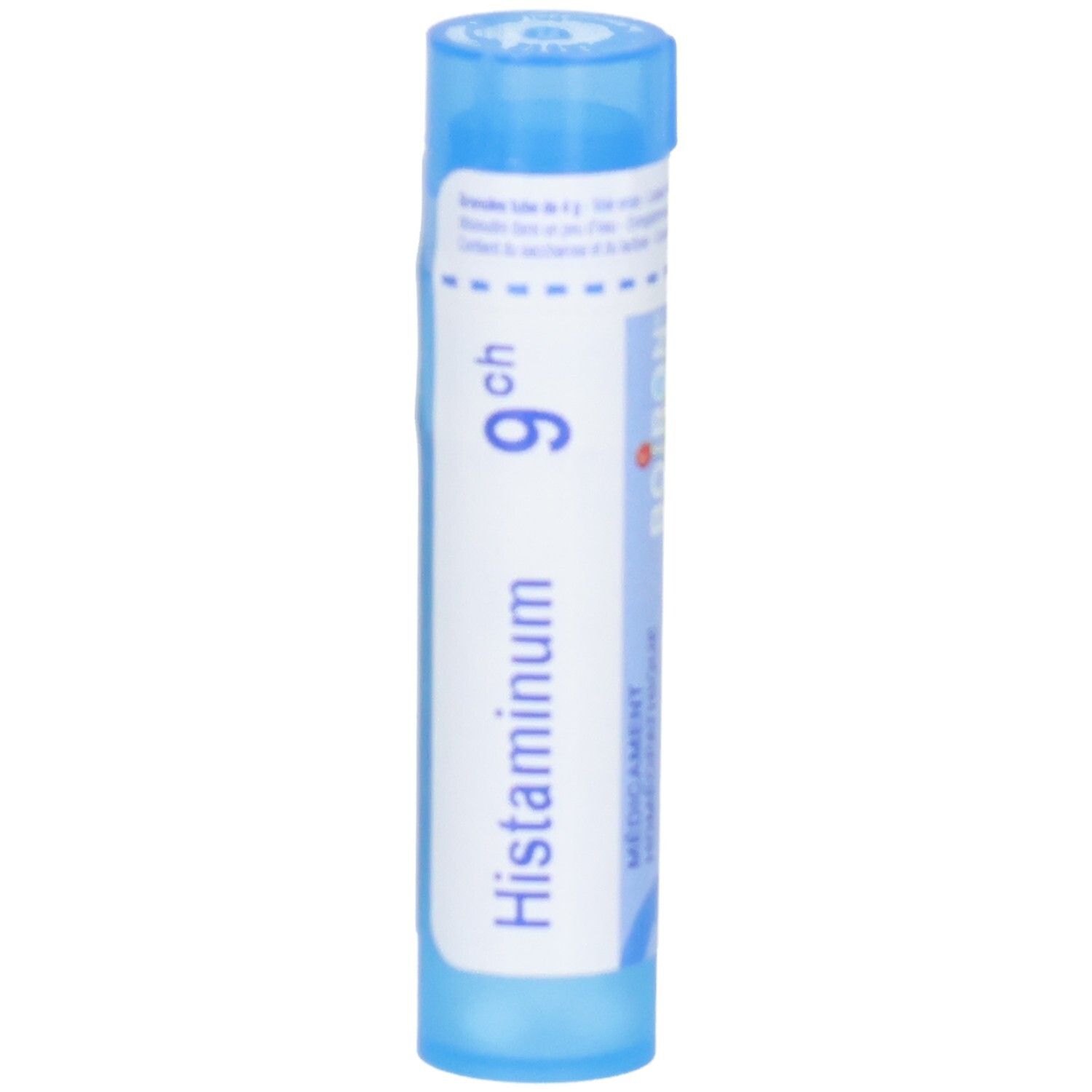Boiron Histaminum 9 ch, tube bleu avec étiquette, montre des globules et le logo Boiron.