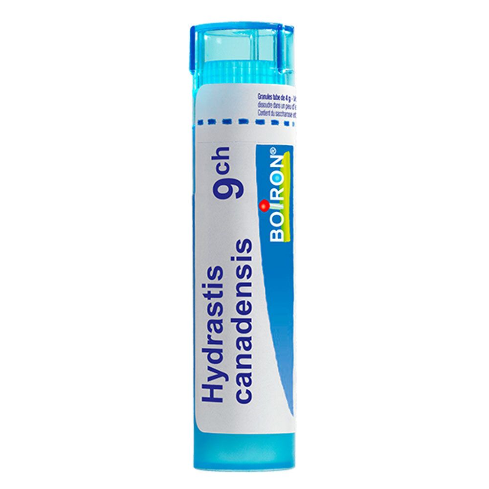 Tube de granules Boiron Hydrastis Canadensis 9 ch. Tube bleu en plastique avec étiquette blanche.