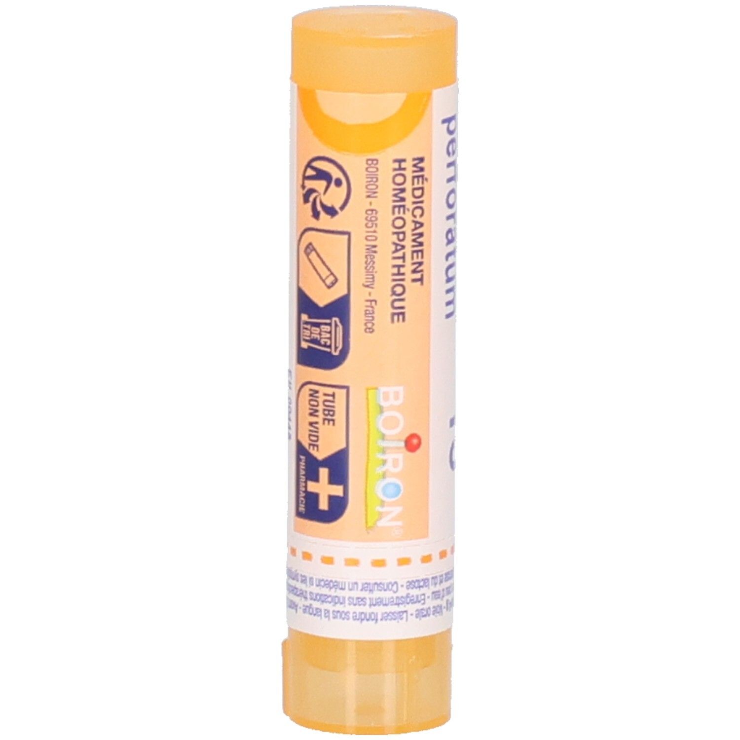 Arrière du tube Boiron Hypericum perforatum 15 ch avec symboles d'application.