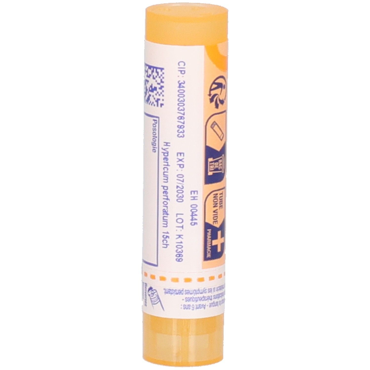 Vue latérale tube Boiron Hypericum perforatum 15 ch avec numéro de lot.