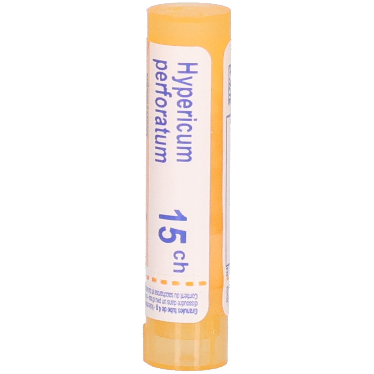 Tube de globules Boiron Hypericum perforatum 15 ch, face avant.