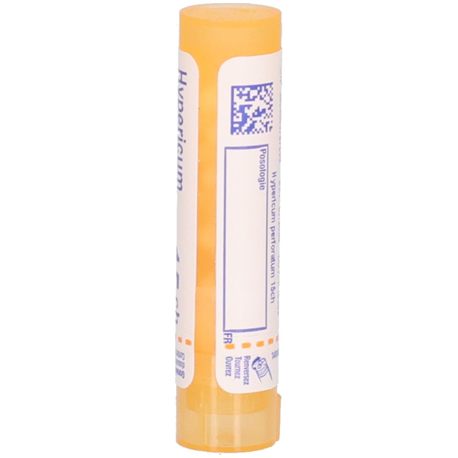 Vue latérale tube Boiron Hypericum perforatum 15 ch avec code QR.