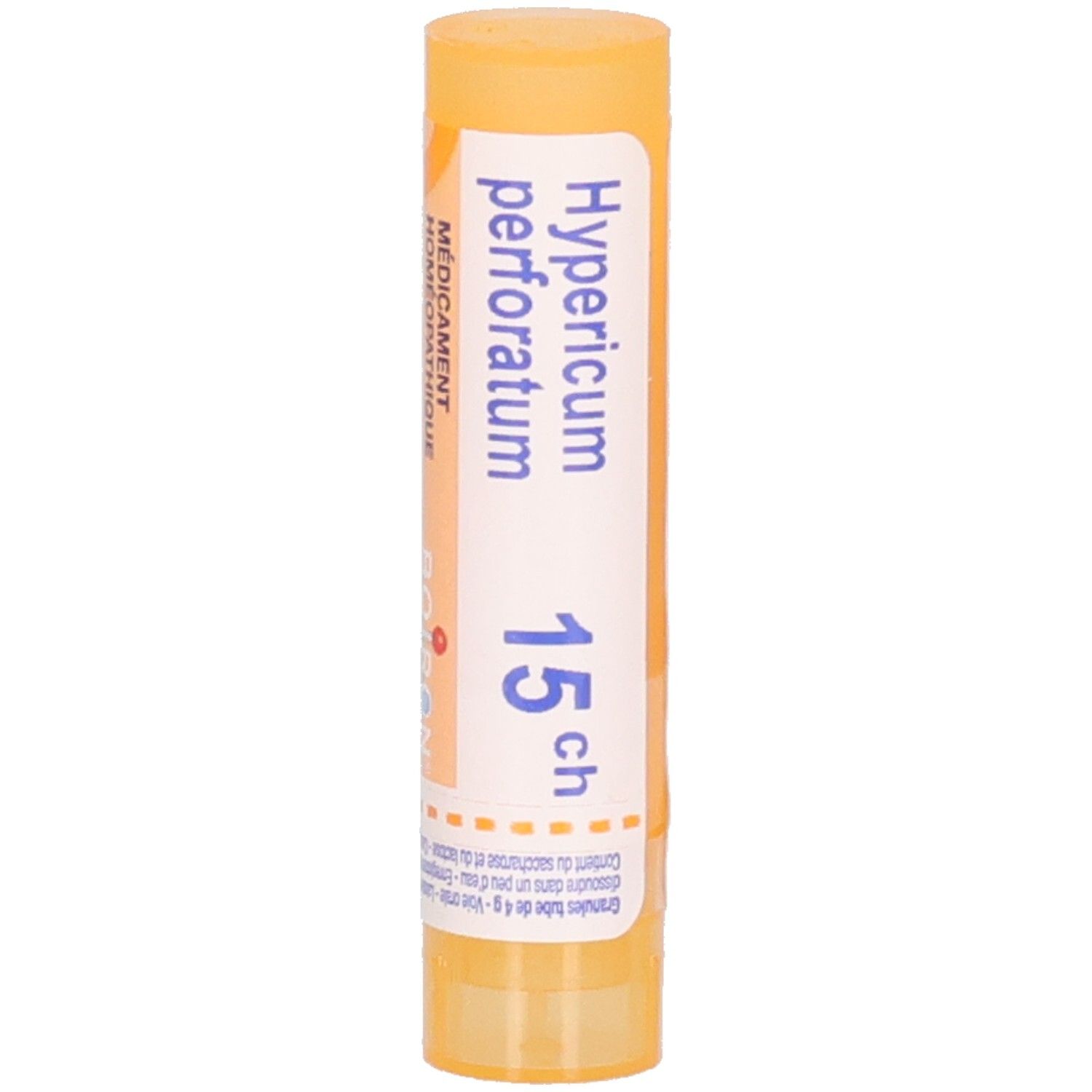 Tube de globules Boiron Hypericum perforatum 15 ch, gros plan.