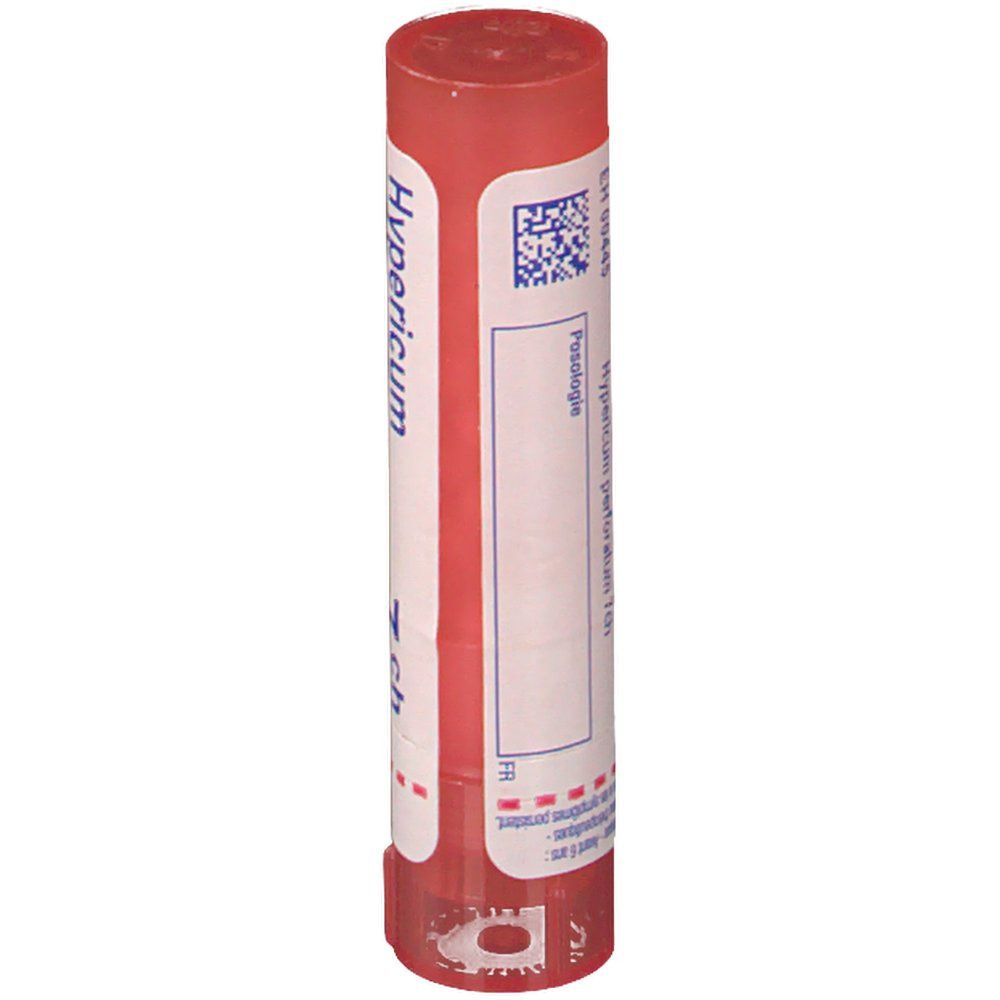 Arrière d'un tube de granules Boiron Hypericum perforatum 7 ch avec code-barres.