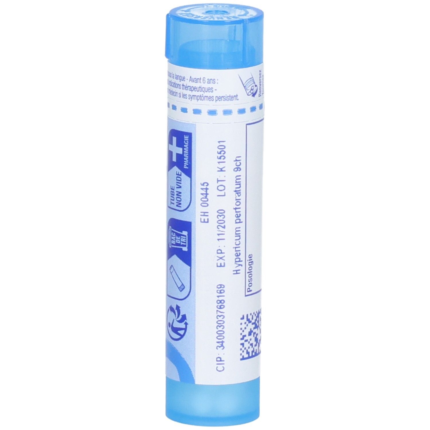 Tube bleu avec granulés, Hypericum perforatum 9 ch, avec numéro de lot et date d'expiration.
