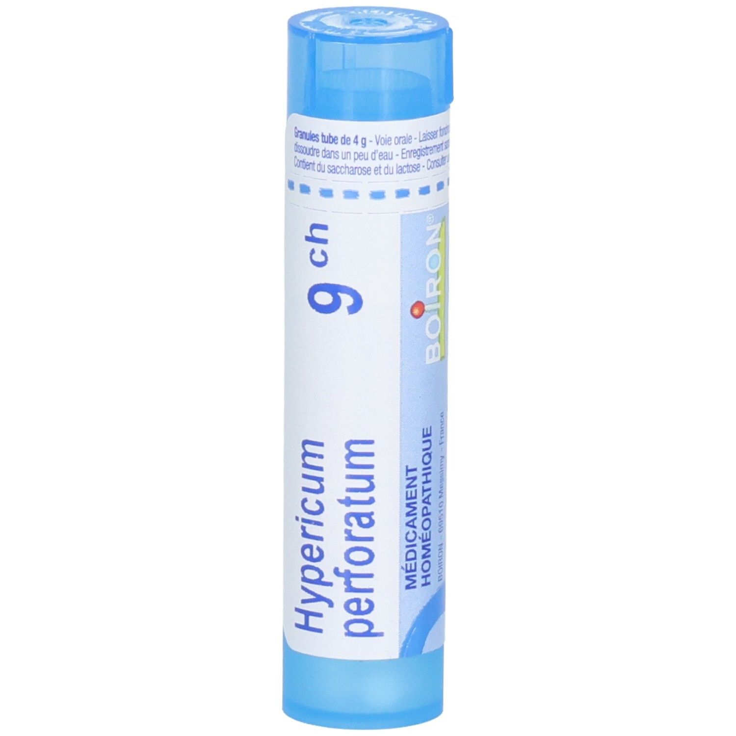 Tube bleu avec granulés, Hypericum perforatum 9 ch, Boiron.