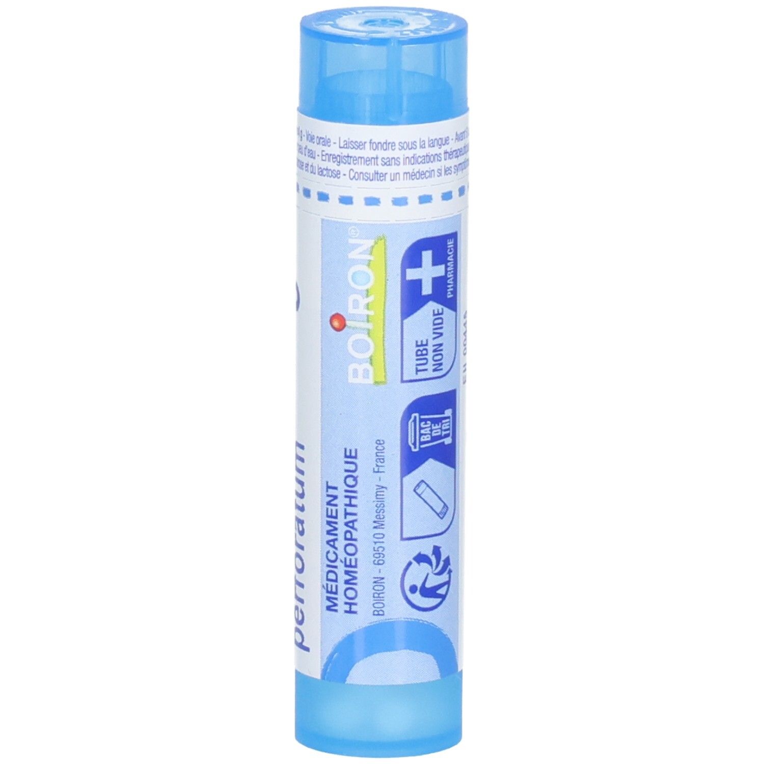 Côté d'un tube bleu, Boiron Hypericum perforatum, Médicament Homéopathique.