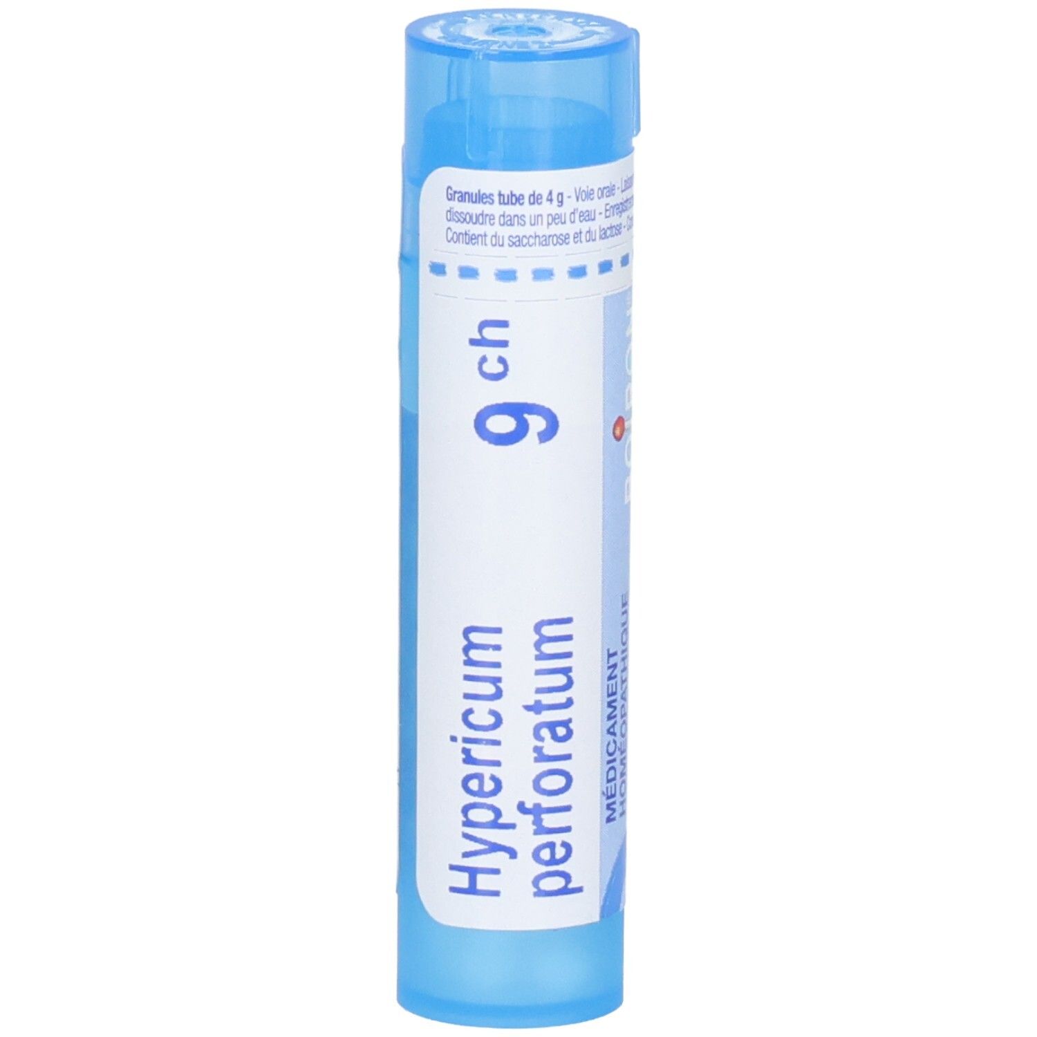 Tube bleu avec granulés, Hypericum perforatum 9 ch, Boiron.