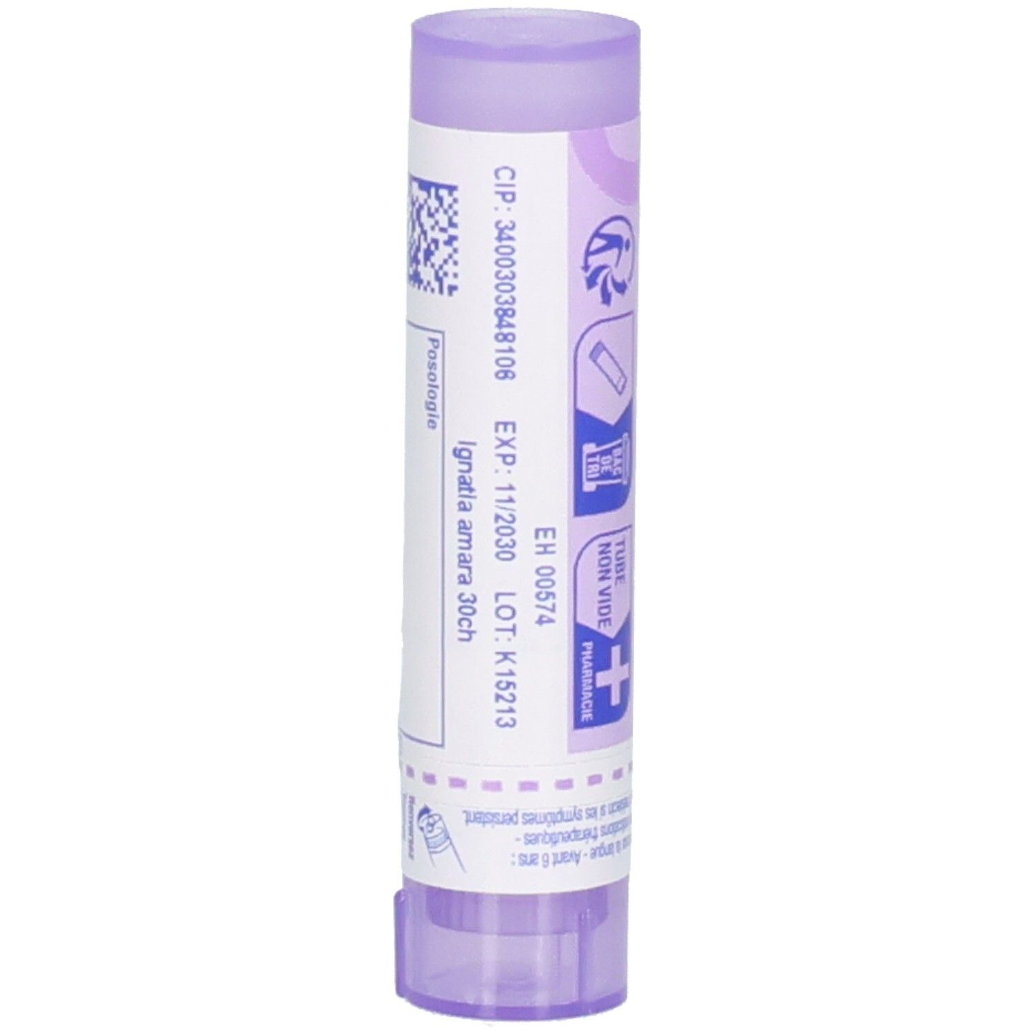 Arrière du tube de globules Boiron Ignatia Amara 30 ch avec numéro de lot et date d'expiration.