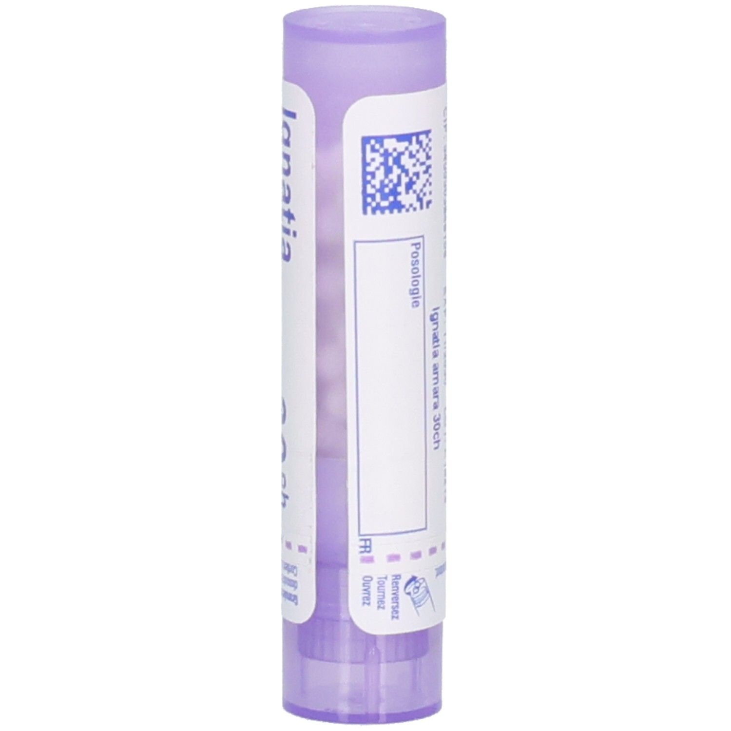 Vue latérale du tube de globules Boiron Ignatia Amara 30 ch.