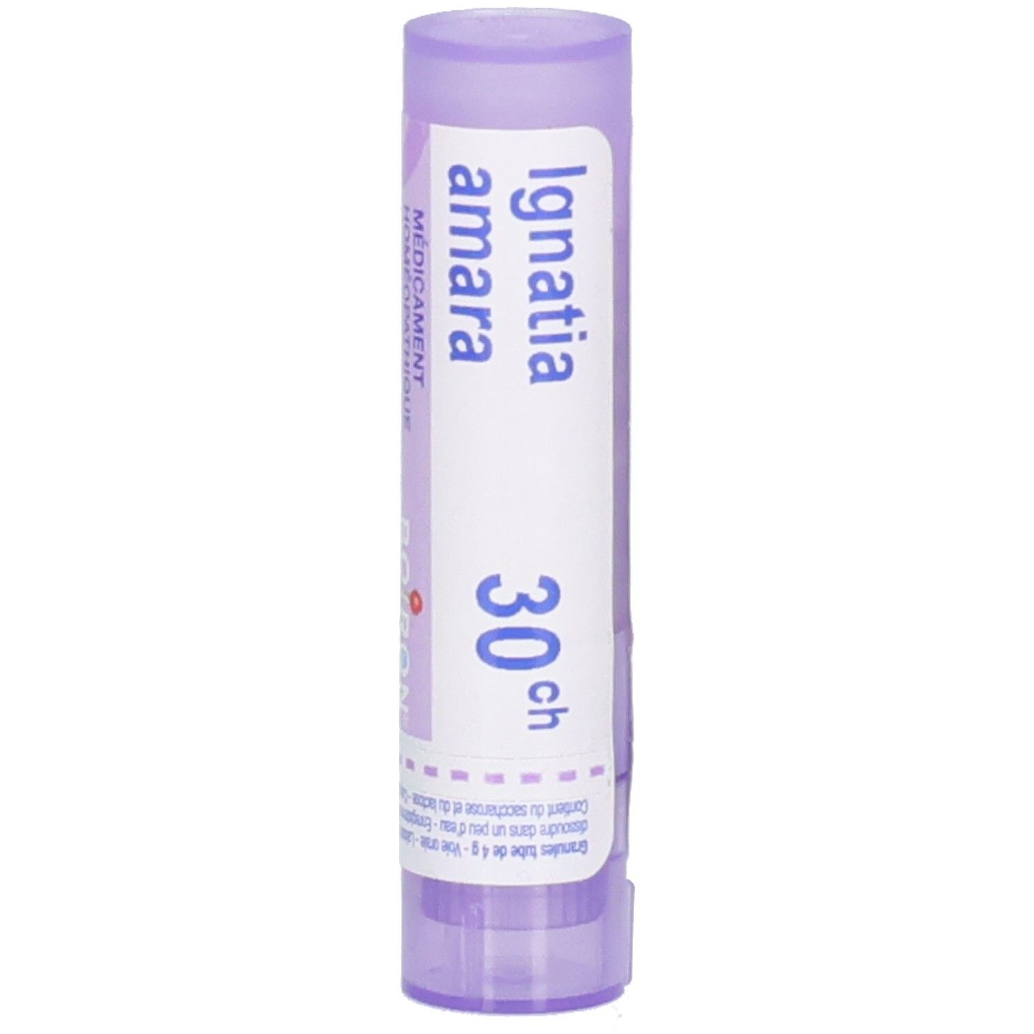 Tube de globules Boiron Ignatia Amara 30 ch, gros plan.