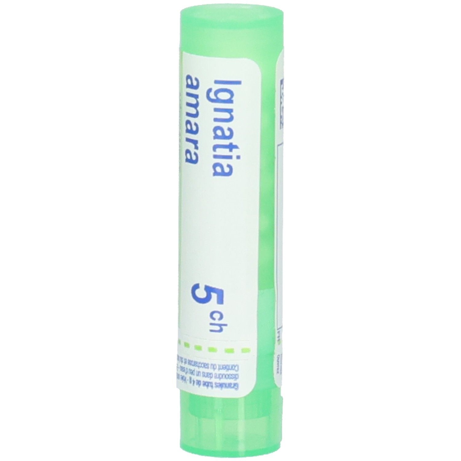 Tube vert avec étiquette blanche. Inscription: Ignatia amara 5 ch. Boiron. Forme cylindrique.