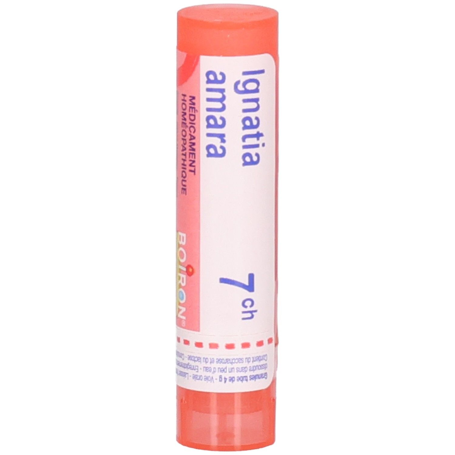 Tube cylindrique, rose-orangé. Inscription: Ignatia amara 7 ch, Boiron. Médicament homéopathique.