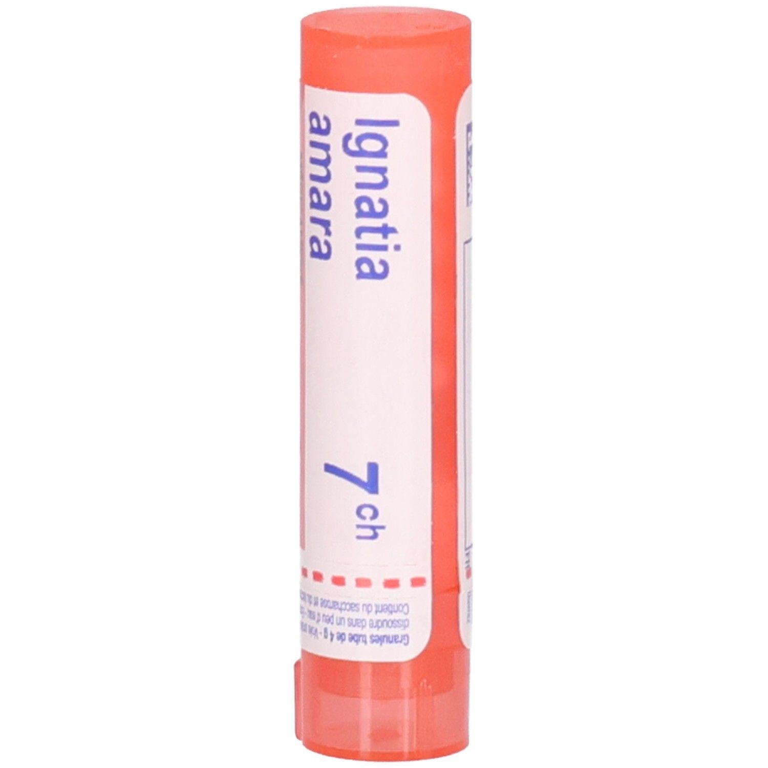 Tube cylindrique, rose-orangé. Inscription: Ignatia amara 7 ch. Médicament homéopathique.