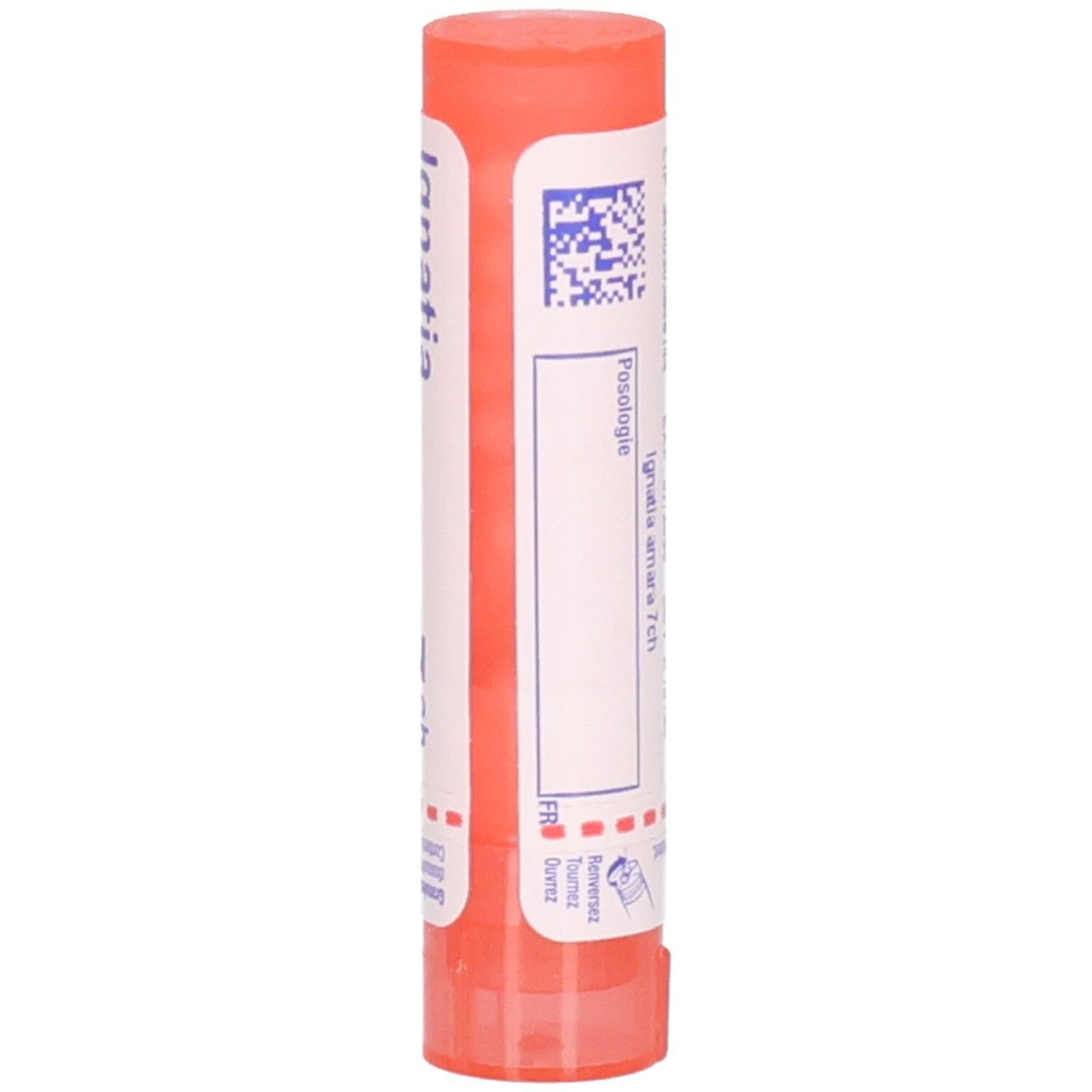Tube rose-orangé. Inscription: Ignatia amara 7 ch. Médicament homéopathique. Avec code-barres.
