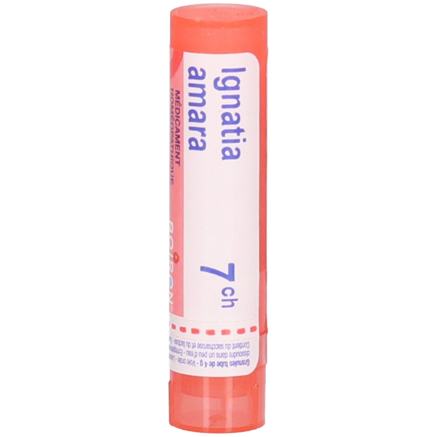 Tube cylindrique, rose-orangé. Inscription: Ignatia amara 7 ch, Boiron. Médicament homéopathique.