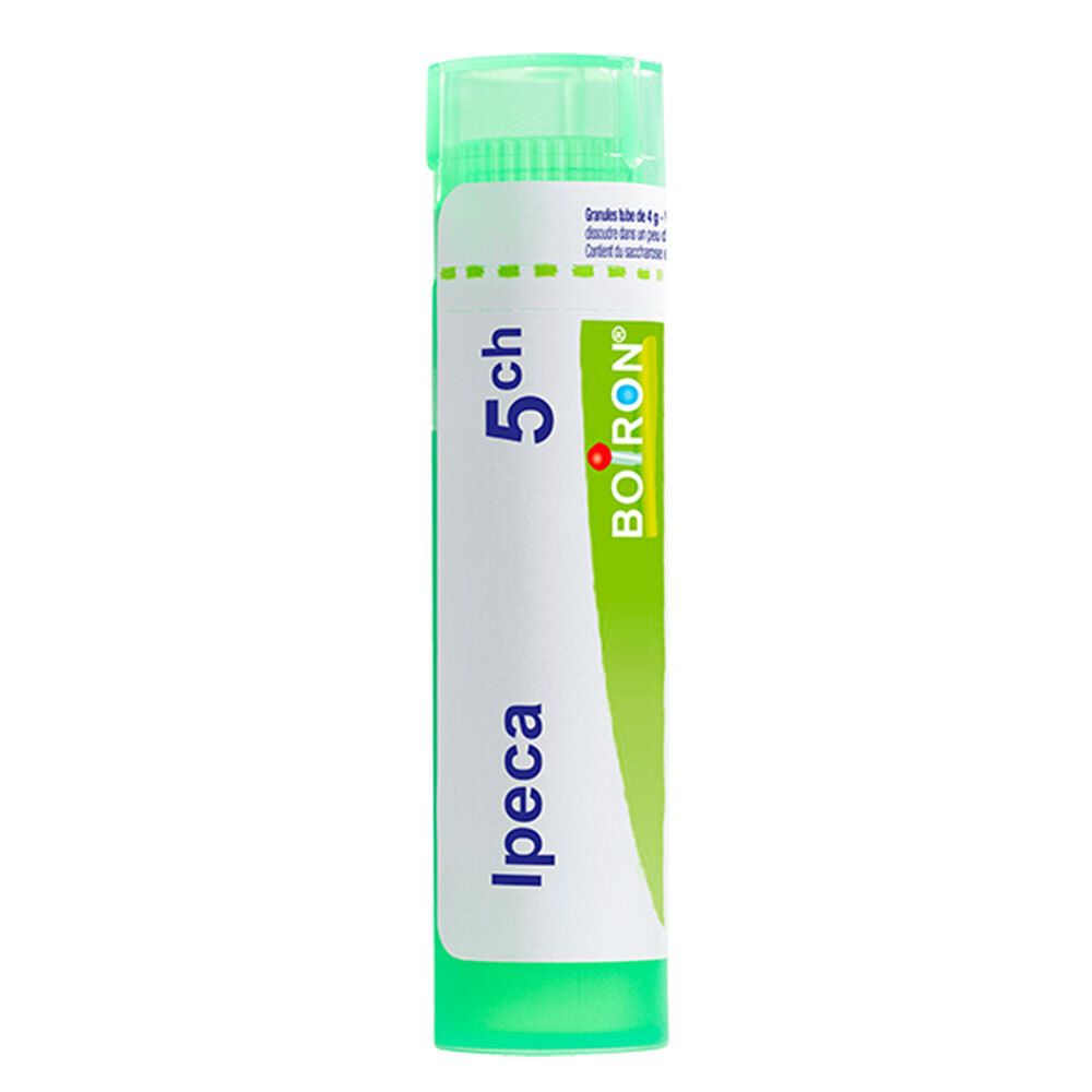 Tube Boiron Ipeca 5 ch, bouchon vert, étiquette blanche et verte.